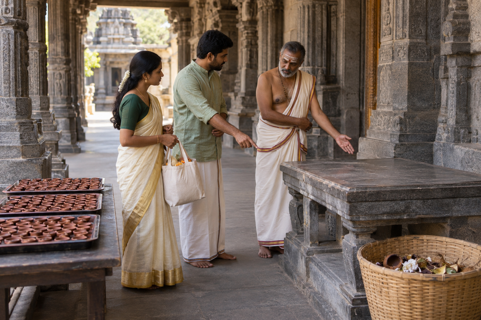 A devotee consults a temple priest beside grouped lamps, a designated lighting platform, and a basket for used materials.