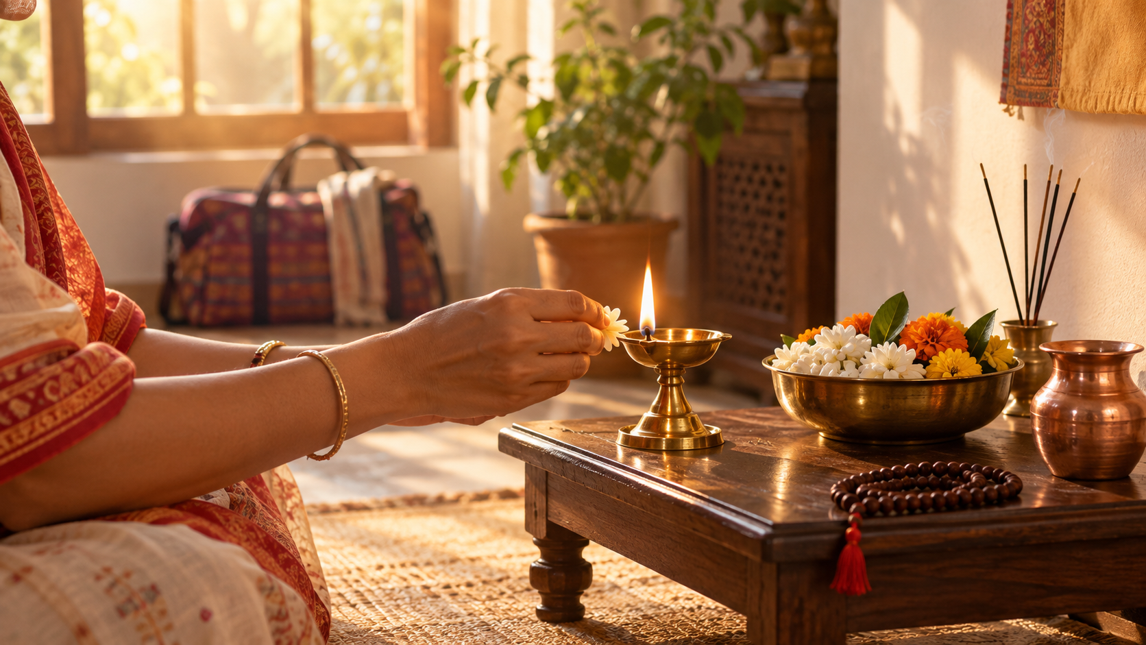 A devotee lights a brass lamp at a simple home prayer corner after returning from a pilgrimage.