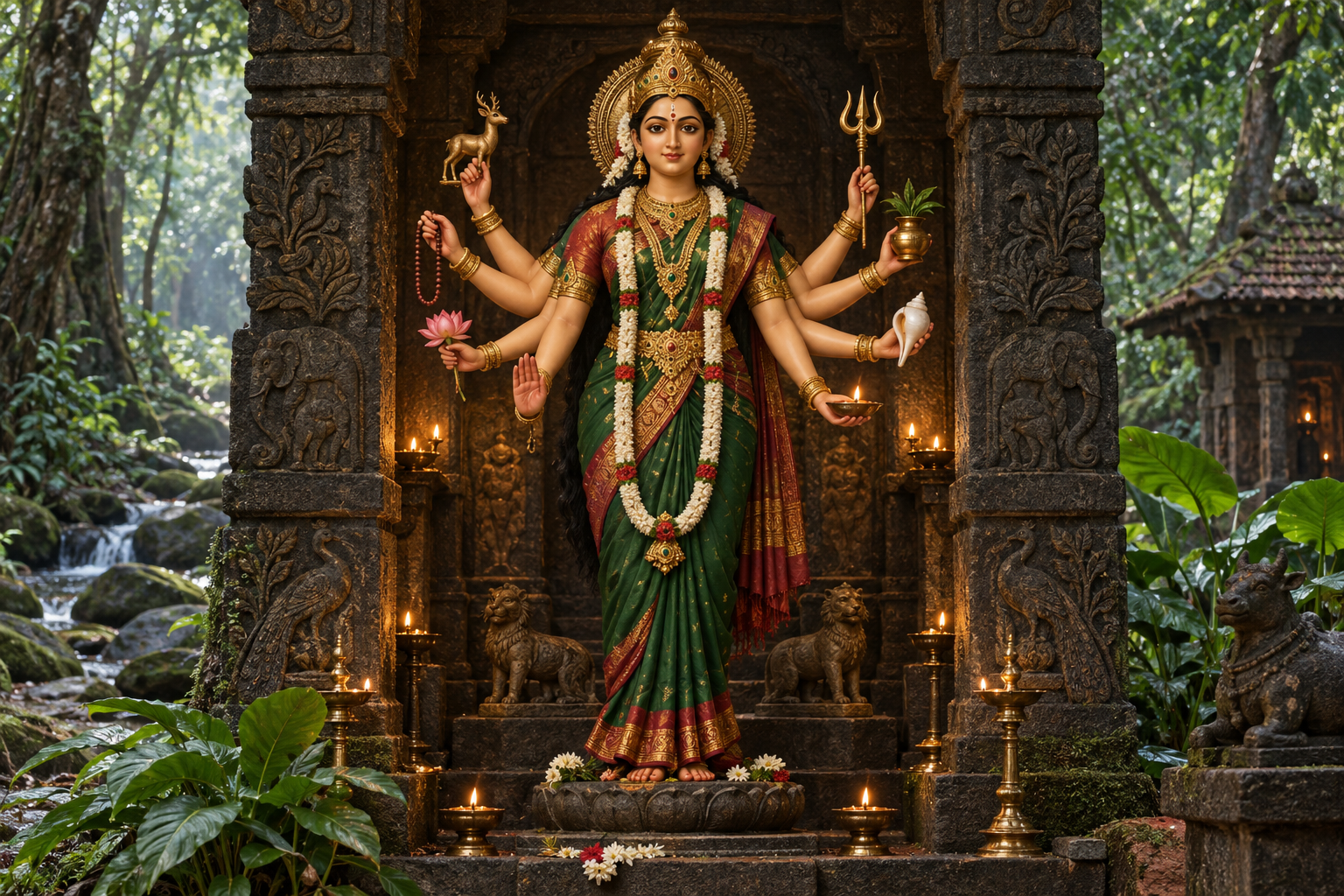 Eight-armed Mother Goddess figure standing in a lamp-lit stone shrine beside a dense green forest in Karnataka.