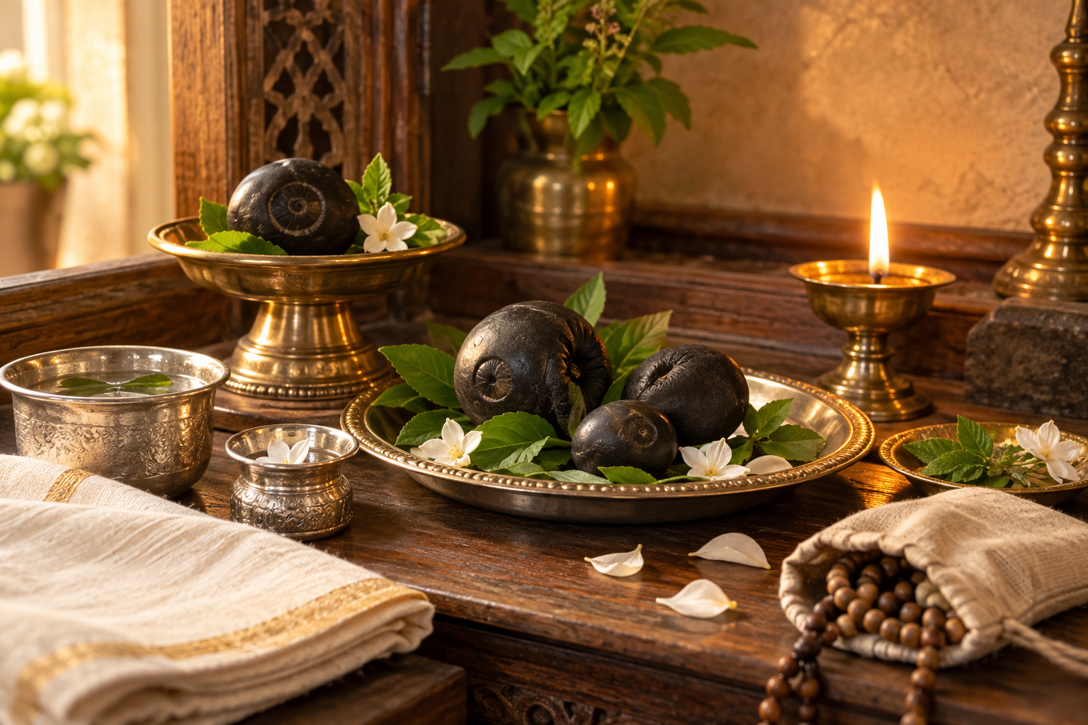 Saligram stones arranged with tulasi leaves, flowers, brass vessels, and a glowing ghee lamp on a devotional altar.