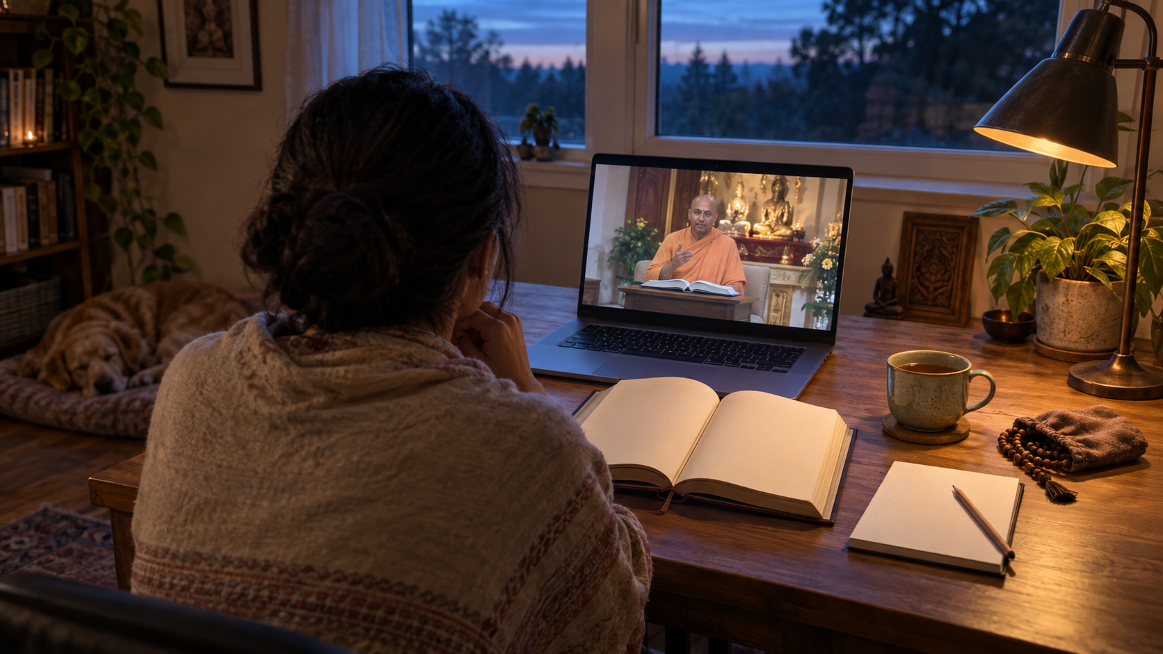 A devotee studies an online scripture class at a desk with an open book, notebook, pencil, prayer beads, and laptop.