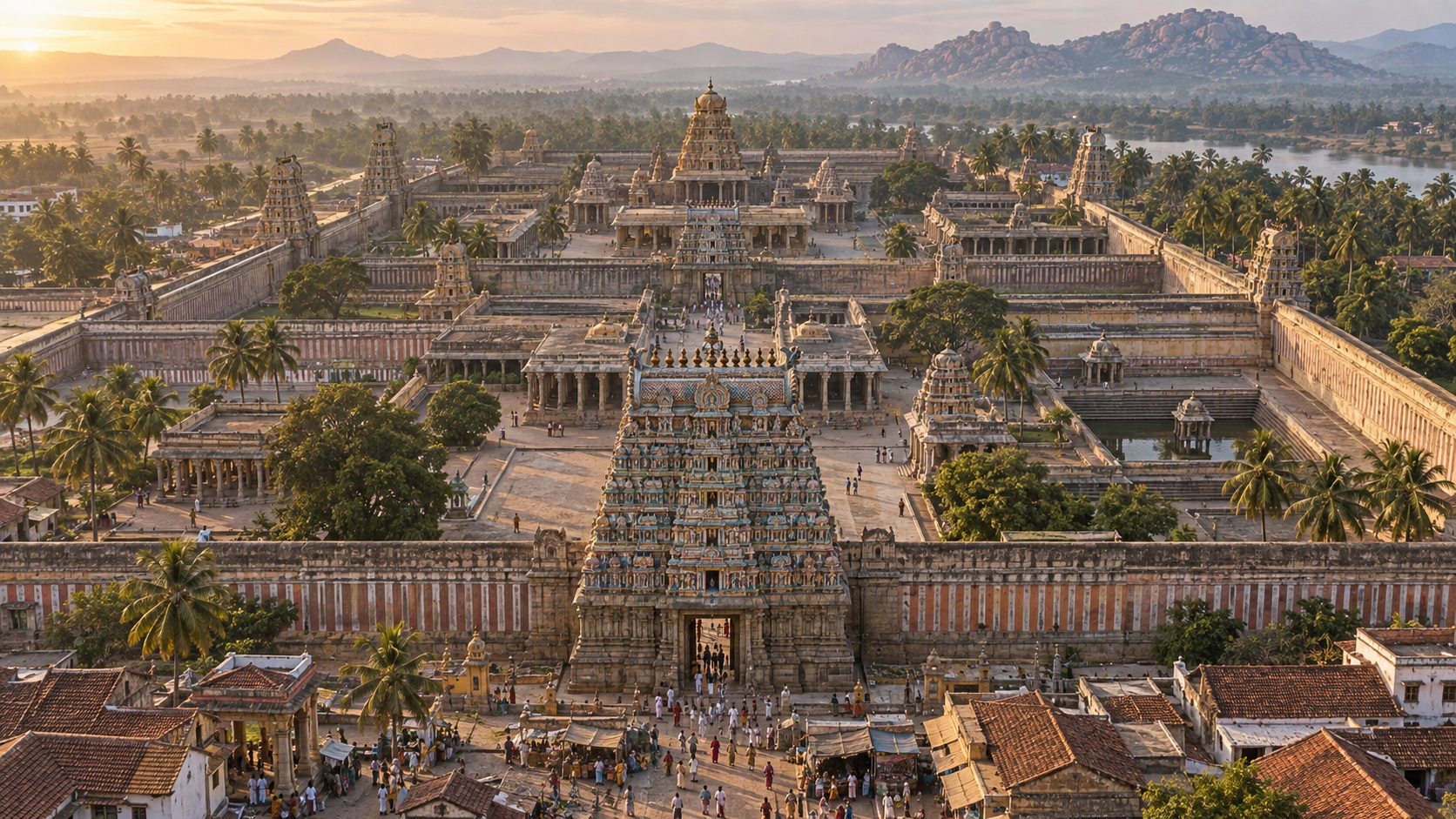Oblique view of a Dravidian temple complex with a tall outer gateway, concentric enclosures, courtyards, pillared halls and a smaller shrine tower at the sacred center.