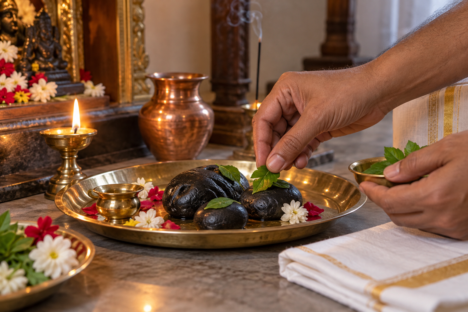 A devotee's hands place fresh tulasi leaves beside Saligram stones on a brass worship tray.