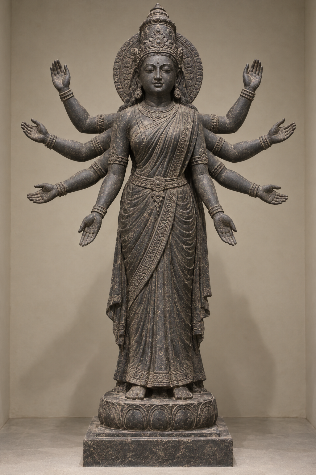Front-facing dark stone goddess sculpture with exactly eight clearly separated arms, four on each side.