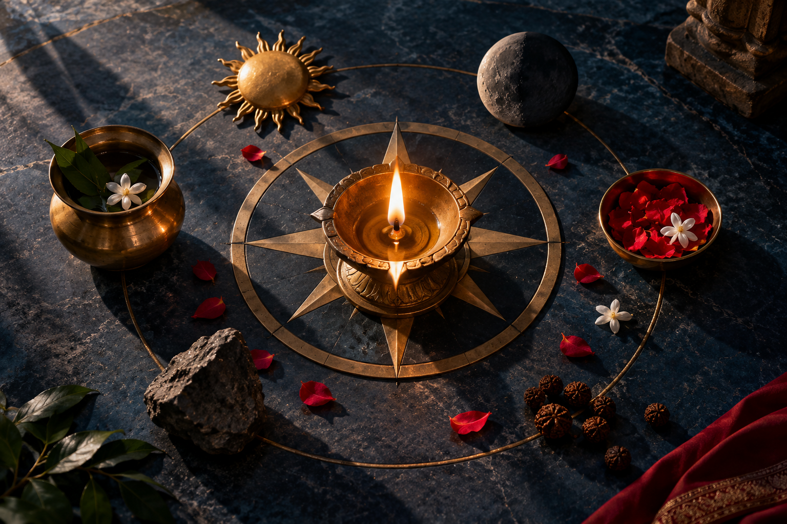 A brass oil lamp is surrounded by symbolic sun, moon, vessel, flowers, geometric forms, and directional shadows.