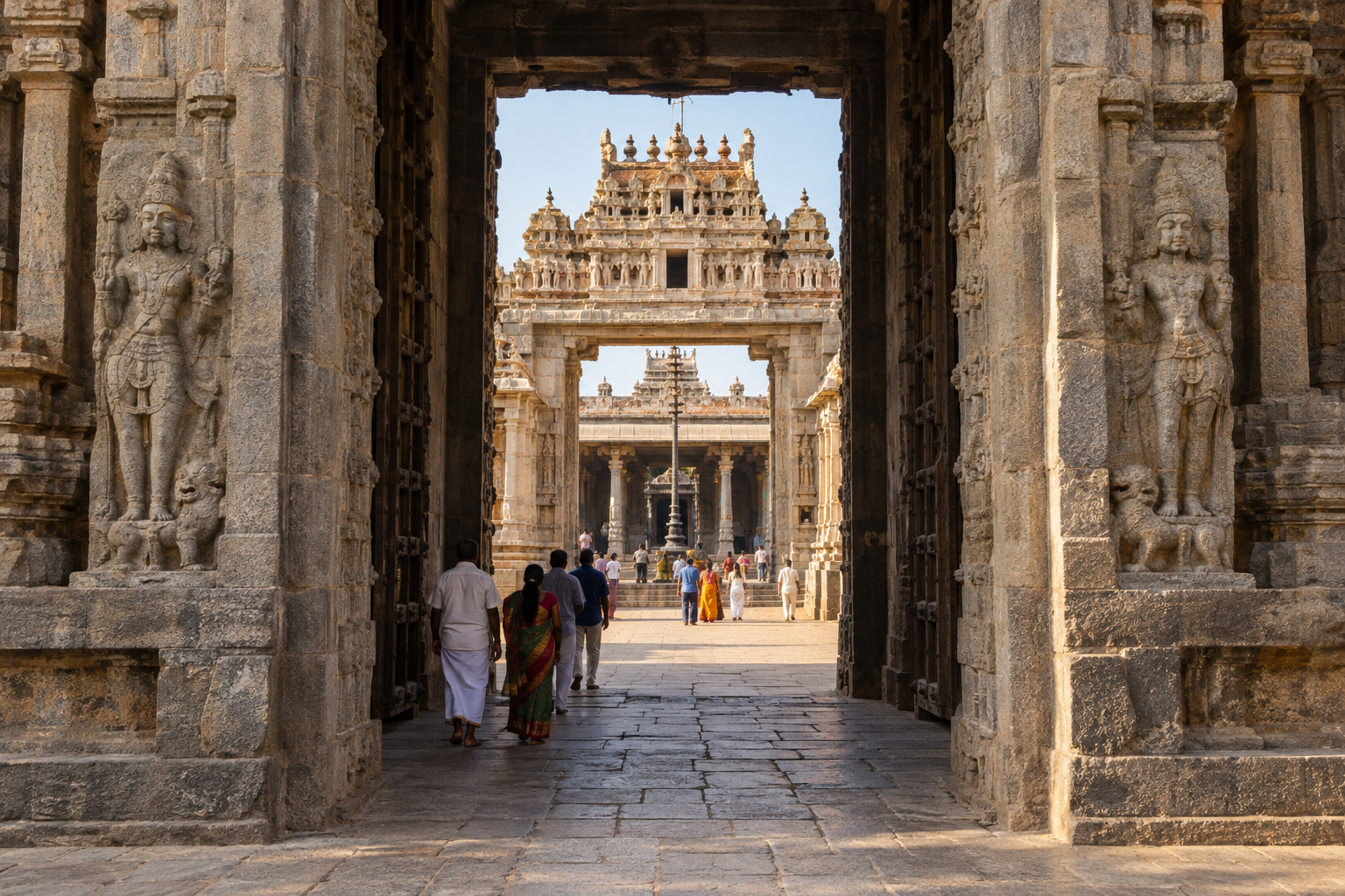 Axial view through a Dravidian temple showing a street, gateway passage, courtyards, another enclosure, a pillared hall and the inner shrine in sequence.