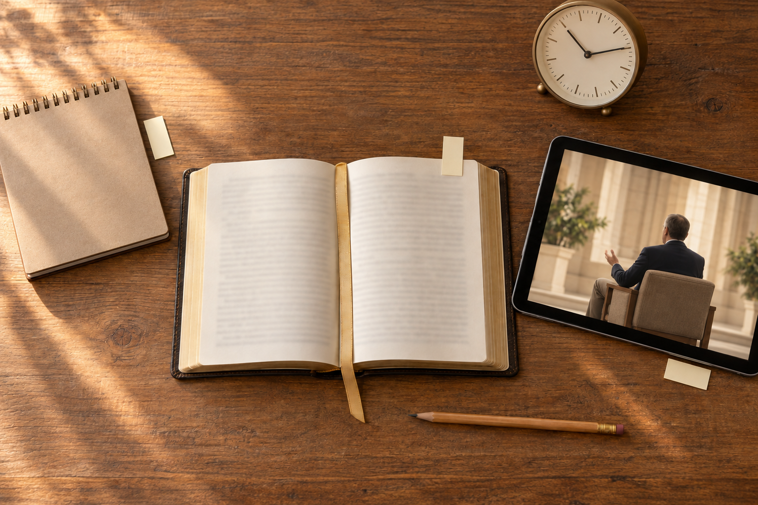 An open scripture, tablet with a paused temple lecture, clock, calendar, pencil, and blank index tabs arranged on a table.