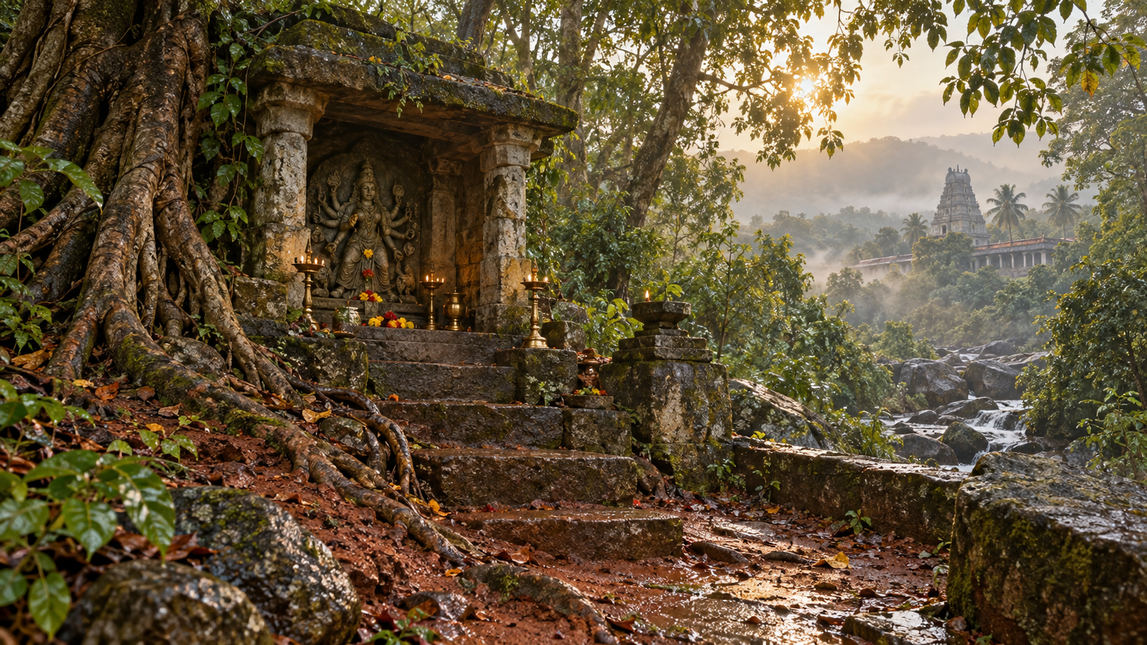 Small stone goddess shrine with an eight-armed relief surrounded by forest, red soil, lamps, and South Indian architectural details.