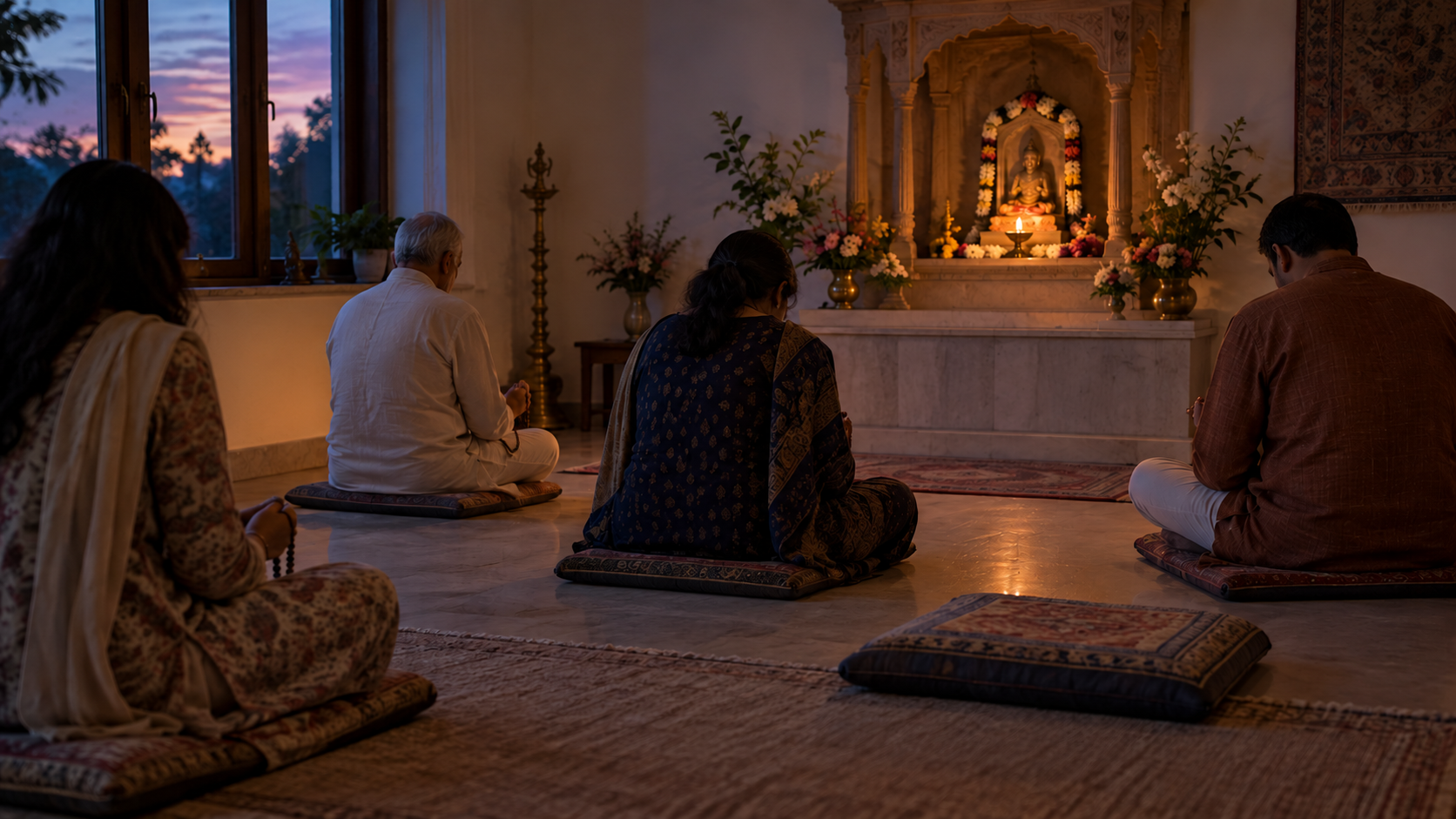 Anonymous devotees sit in quiet prayer around a glowing lamp in a modest temple room.