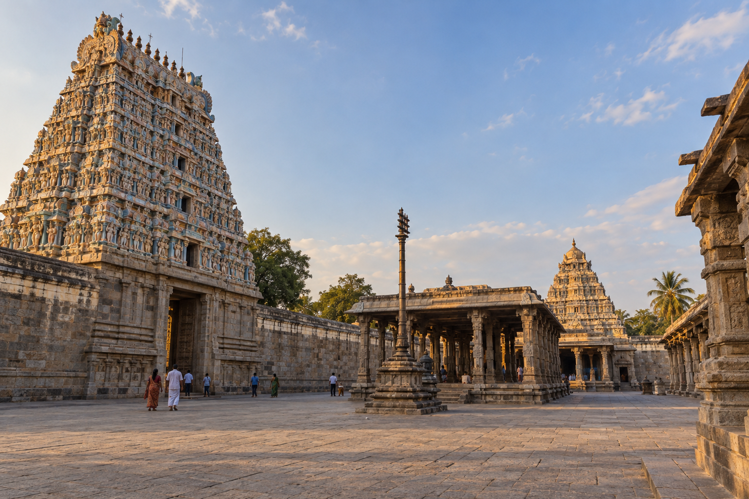 Temple courtyard view showing a tall gateway gopuram on the enclosure wall and a smaller compact vimana above the inner sanctuary.