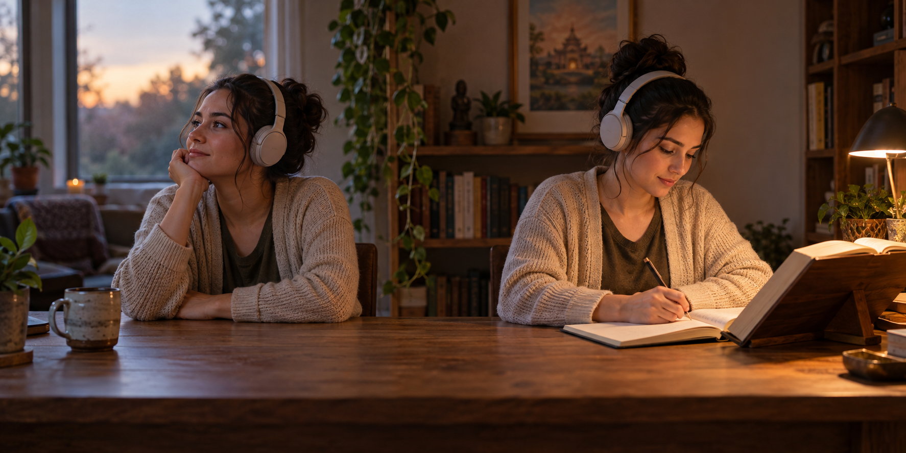 Two moments show a devotee first listening attentively and then listening again while consulting a scripture and taking notes.