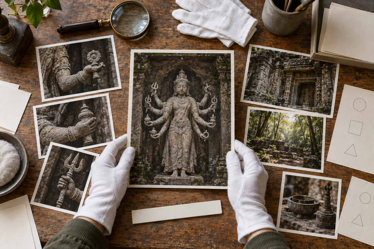 Gloved hands examining an unlabelled photograph of an eight-armed goddess alongside close-up images and conservation tools.