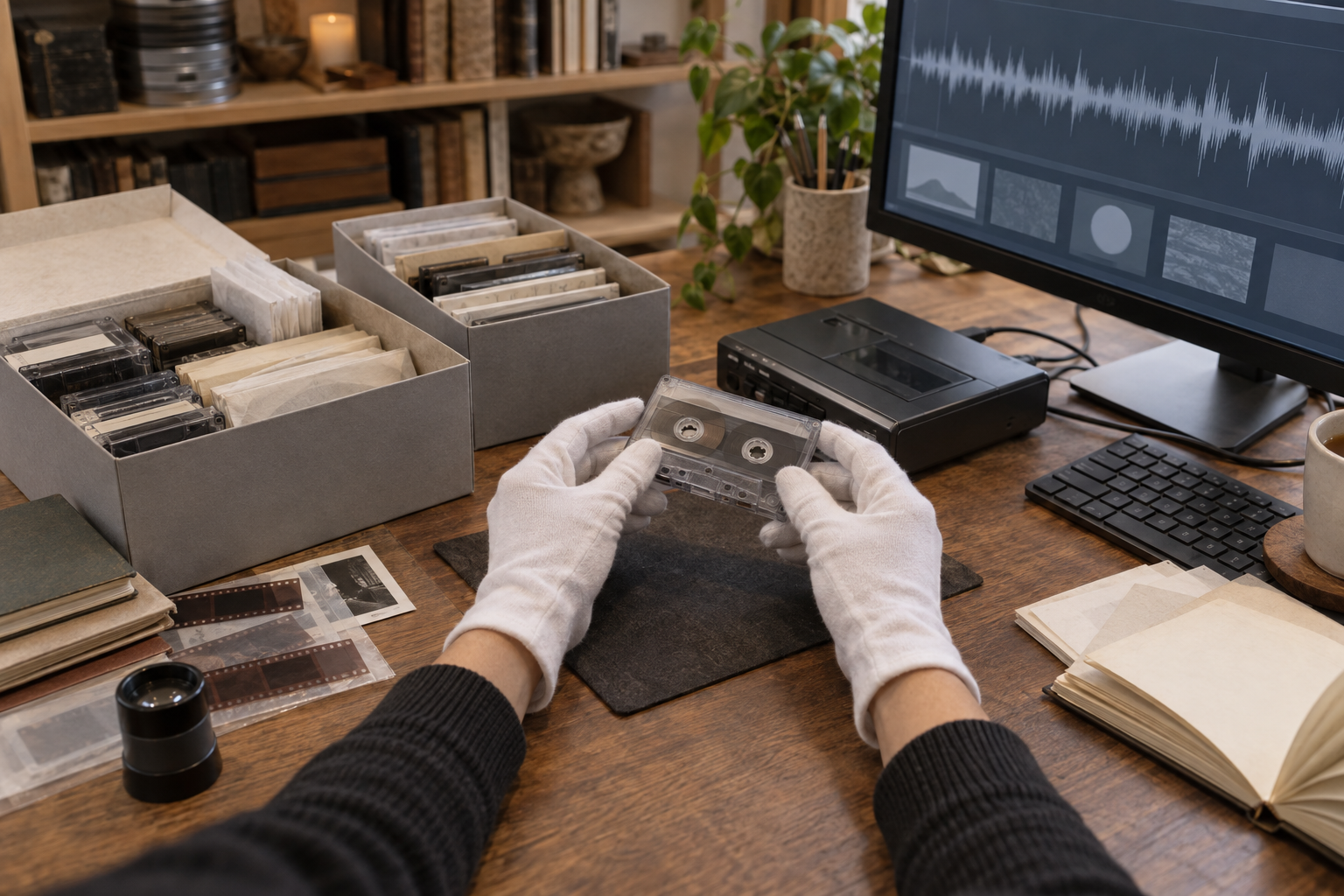 Gloved hands digitize an audio cassette beside archival boxes, notebooks, negatives, and preservation supplies.