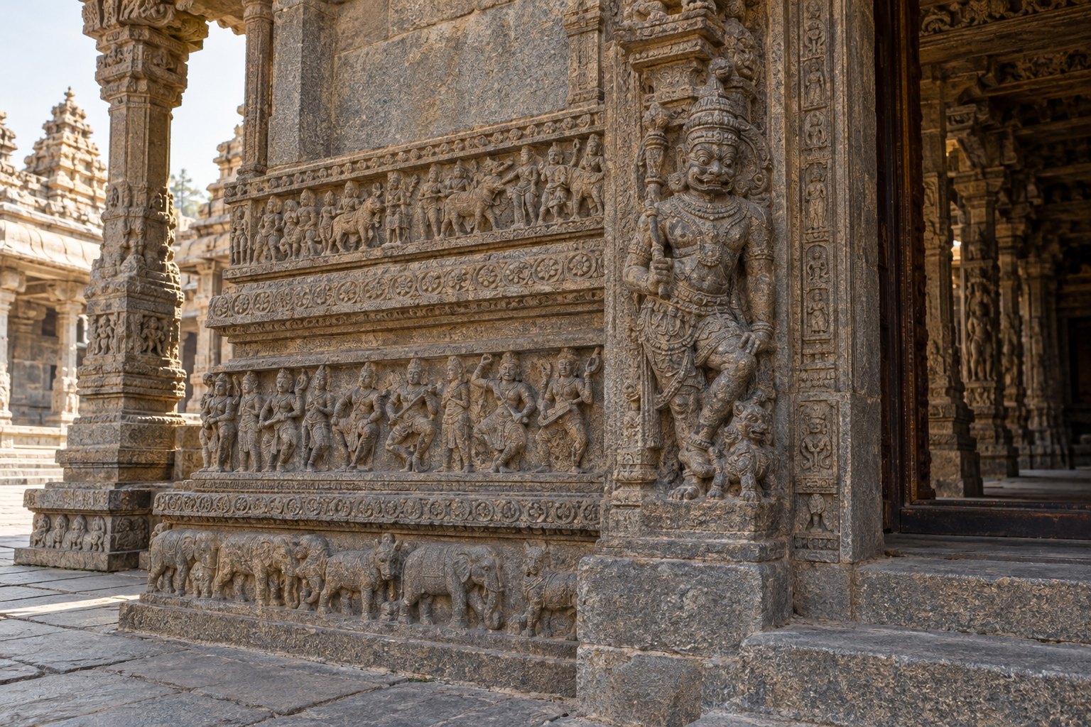 Close view of a temple doorway and pillar with a guardian figure, narrative friezes, dancers, decorative moldings and animal carvings arranged in distinct architectural zones.