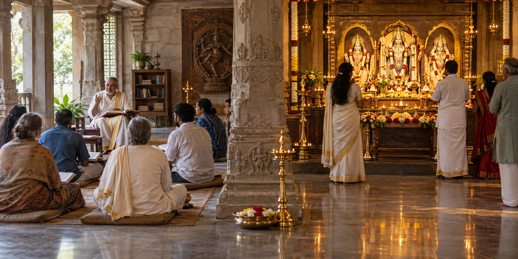 A temple scene contrasts devotees listening to a scripture class with devotees standing reverently before a flower-decorated altar.
