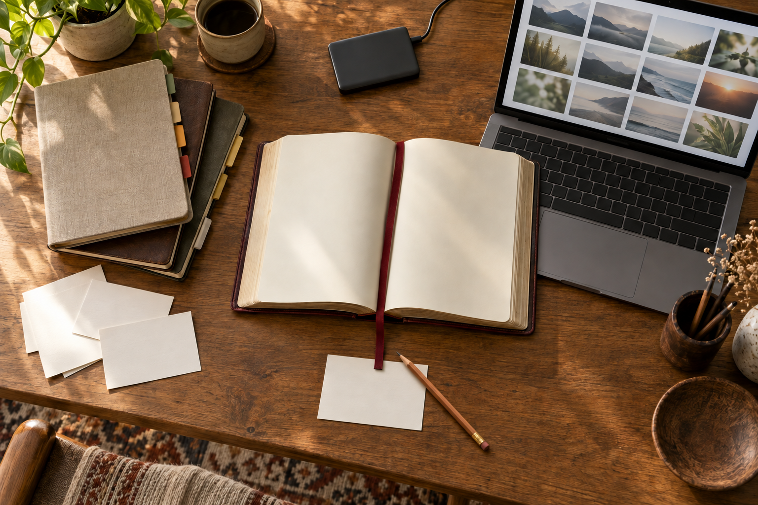An organized study desk holds an open scripture, indexed notebooks, note cards, a laptop with video thumbnails, and a storage drive.
