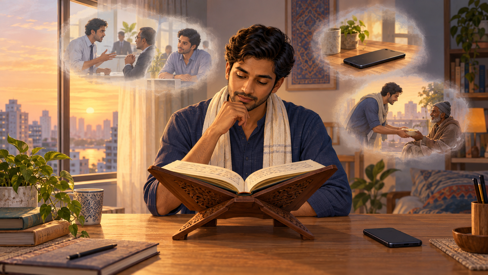 A person studies an open sacred book on a wooden stand while subtle scenes of patient conversation, reduced phone distraction, and service appear around them.