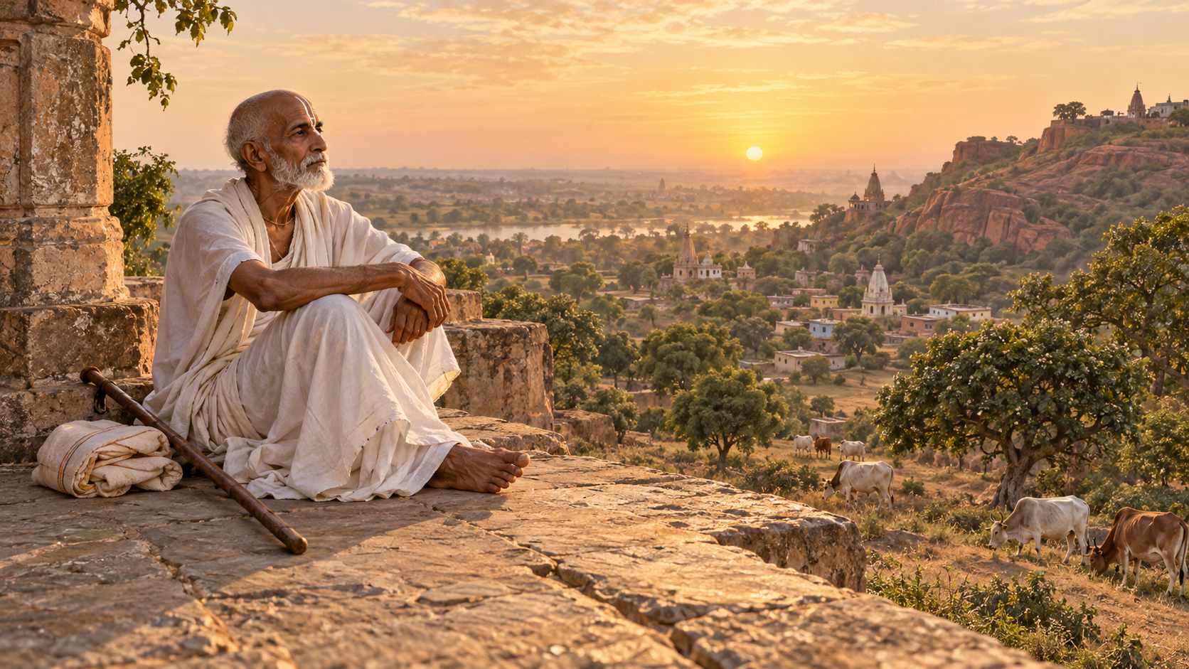An elderly Vaishnava renunciant sits above the sandstone hills, temples and grazing cows of Barsana at sunrise.