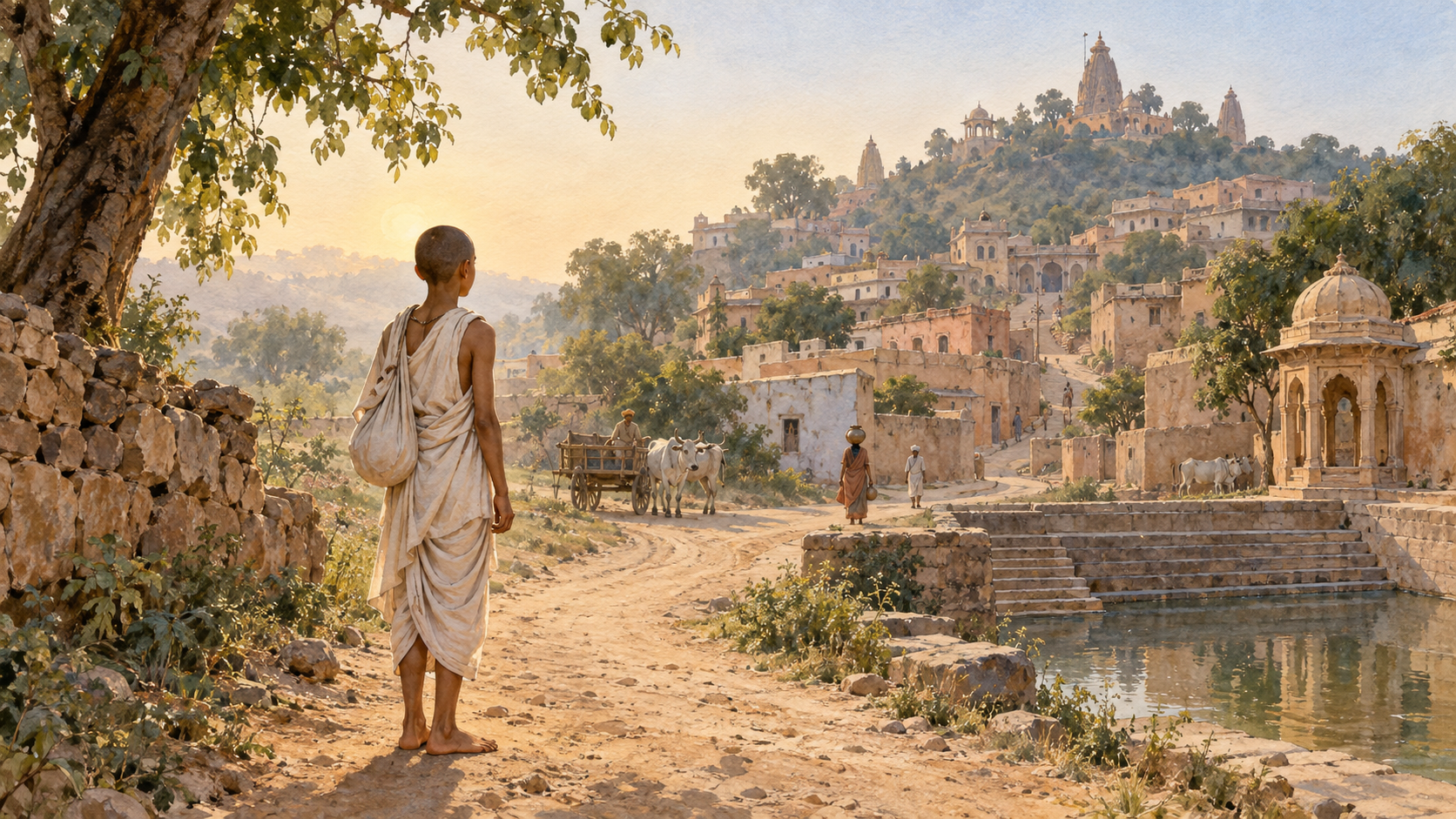 A teenage renunciant carrying a small cloth bundle approaches the hill town of Barsana along a dusty path.