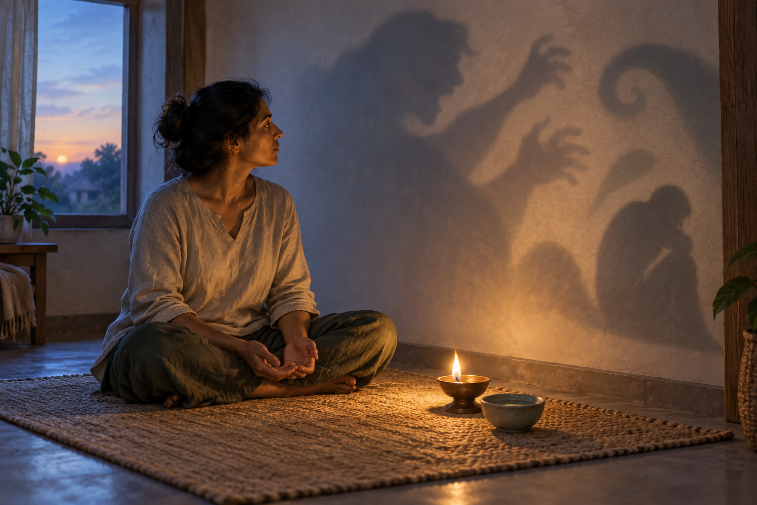 A person sits beside an oil lamp and bowl of water while calmly observing an abstract shadow on the wall.