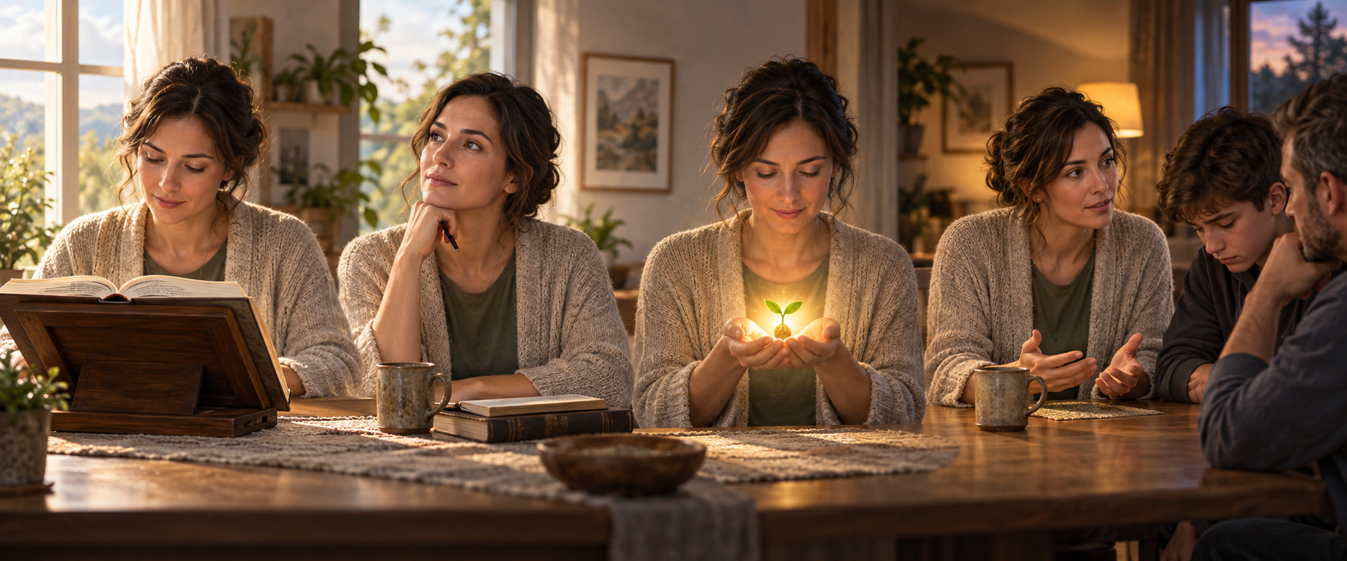 Four connected scenes show a reader studying a sacred book, reflecting, identifying a principle, and responding calmly in a difficult conversation.