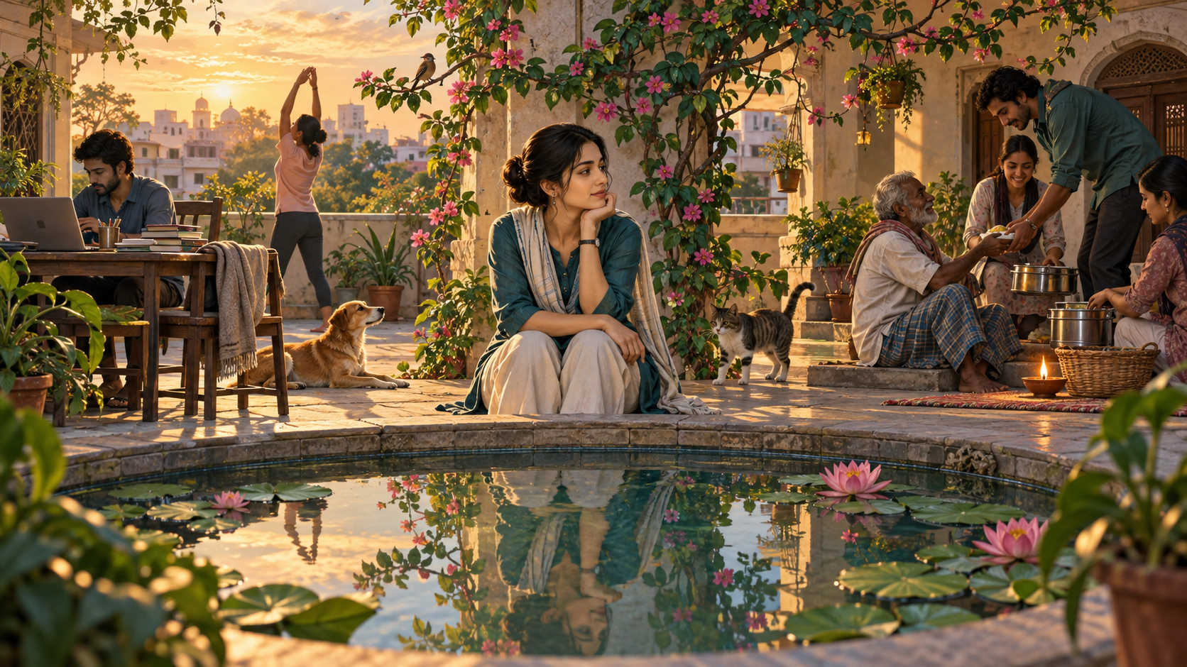 A person pauses in a courtyard where a reflective pool, an interconnected vine, and a lamp beside serving hands symbolize three ways of considering modern choices.