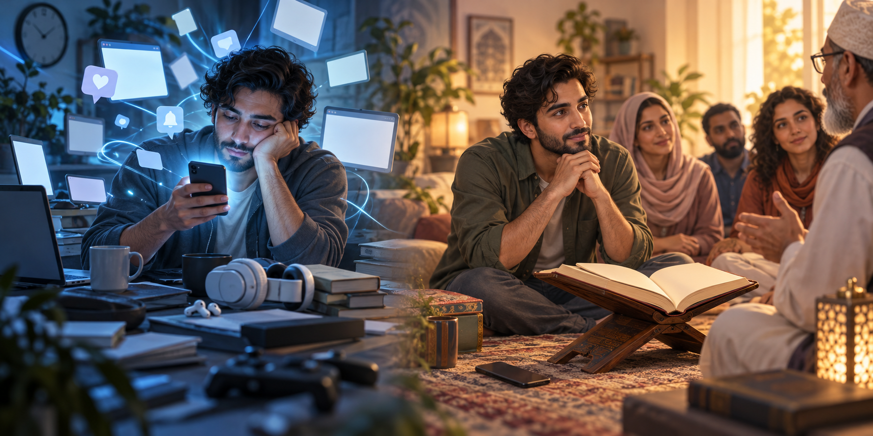 A divided scene contrasts distracted phone scrolling with a calm group attentively listening beside an open sacred book on a raised stand.