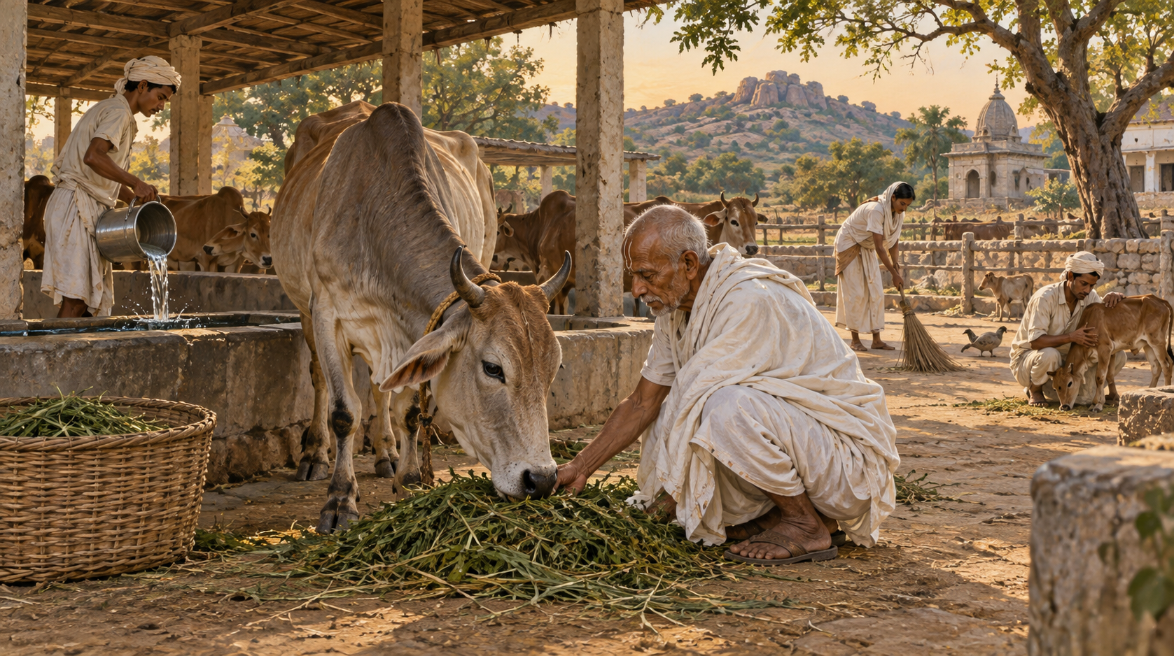 An elderly Vaishnava renunciant feeds a cow as volunteers care for calves and clean a shelter courtyard in Braj.