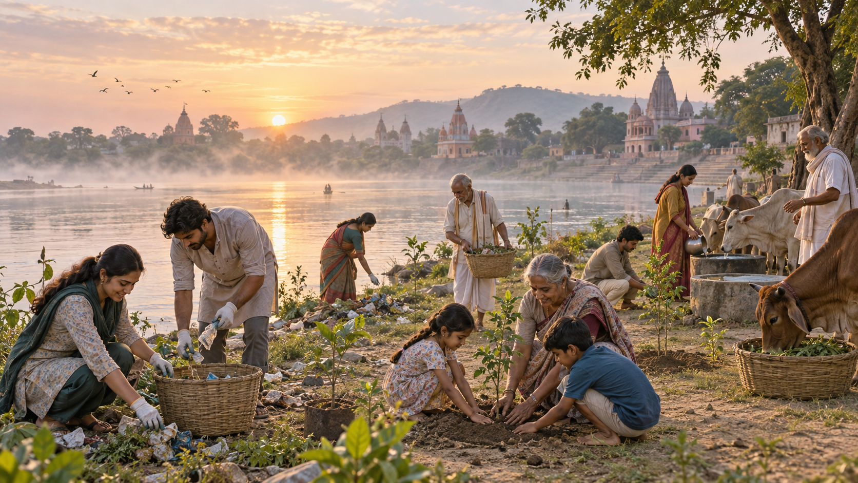 Devotees of several generations clean a Yamuna riverbank, plant saplings and care for cattle in Braj.
