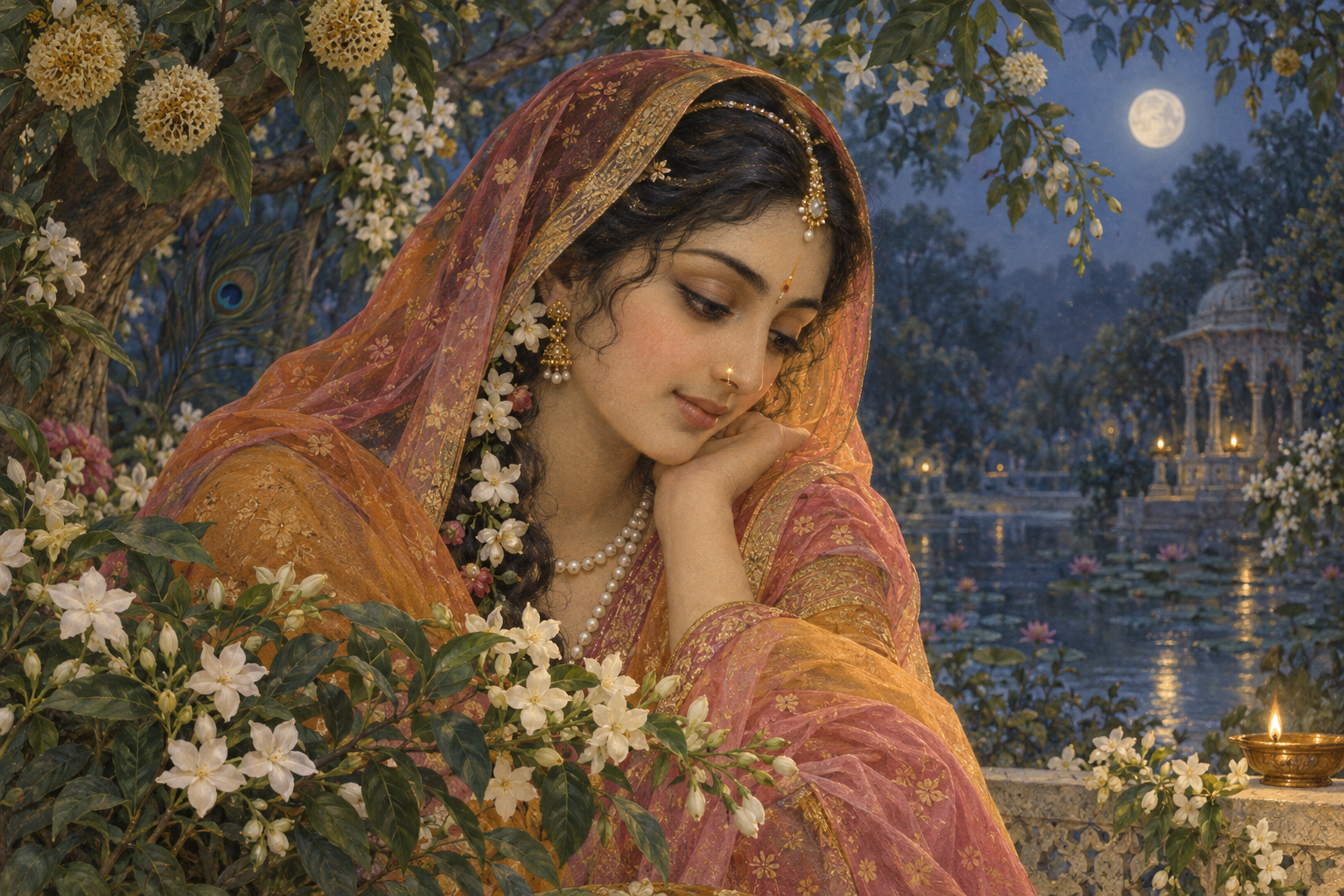 Devotional painting of Sri Radha in three-quarter profile in a moonlit flowering garden, wearing a veil and a small pearl nose ornament.