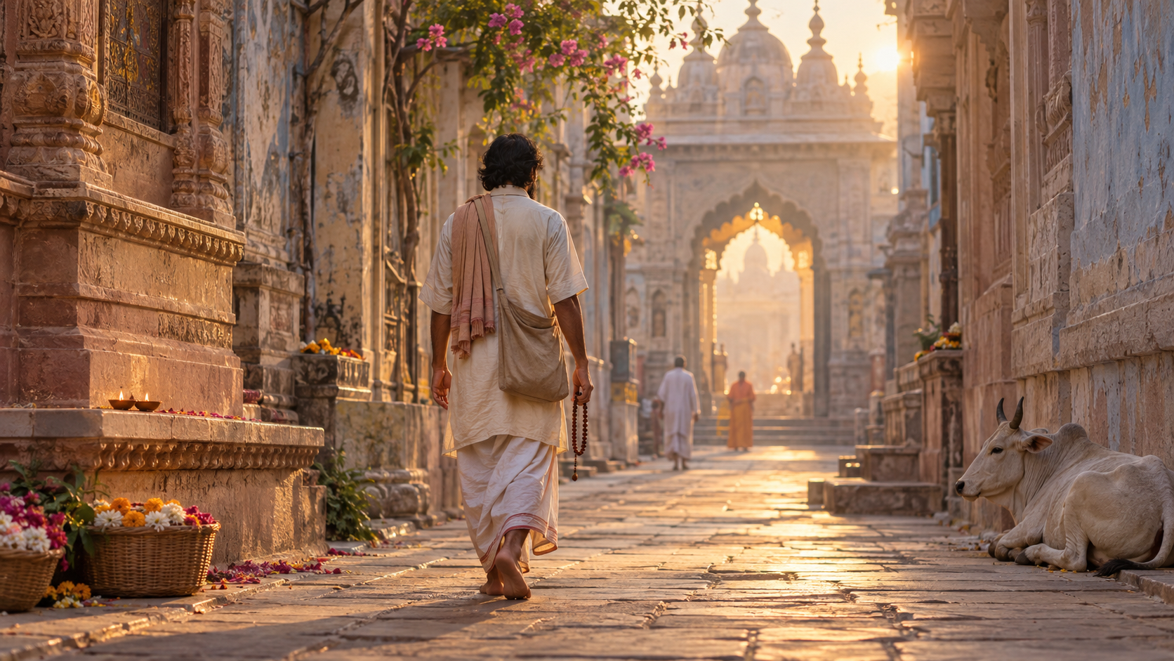 A pilgrim carrying prayer beads walks through a sandstone lane in Vrindavan toward a temple gateway at dawn.