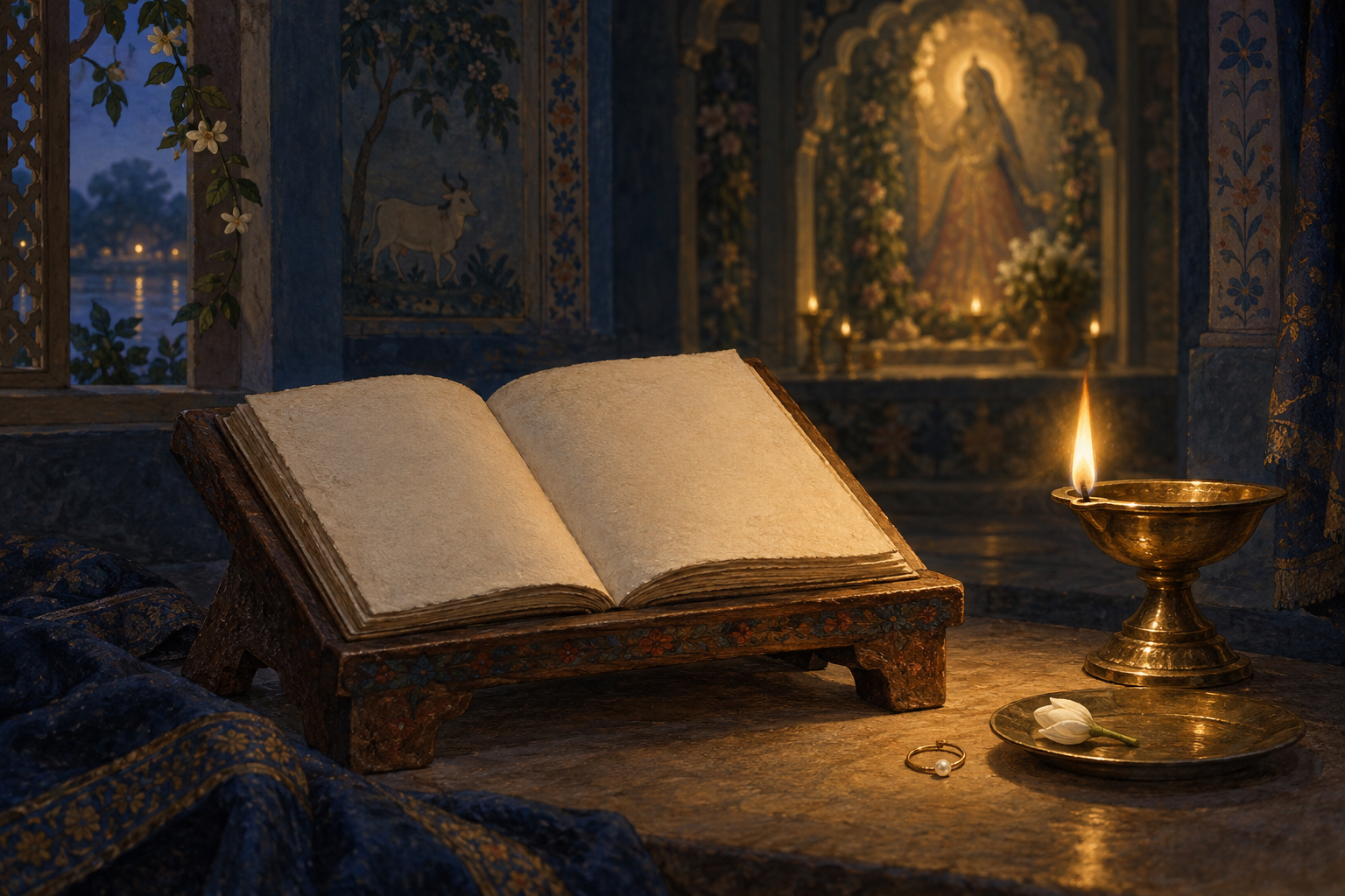 A devotional reading stand, brass oil lamp, jasmine bud, and pearl nose ring arranged before a softly glowing shrine alcove.