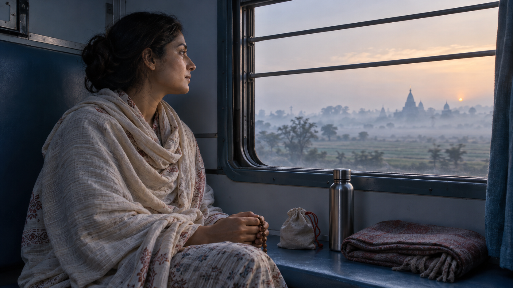 A pilgrim sits quietly beside a train window with a bead bag, water bottle, and folded shawl before sunrise.