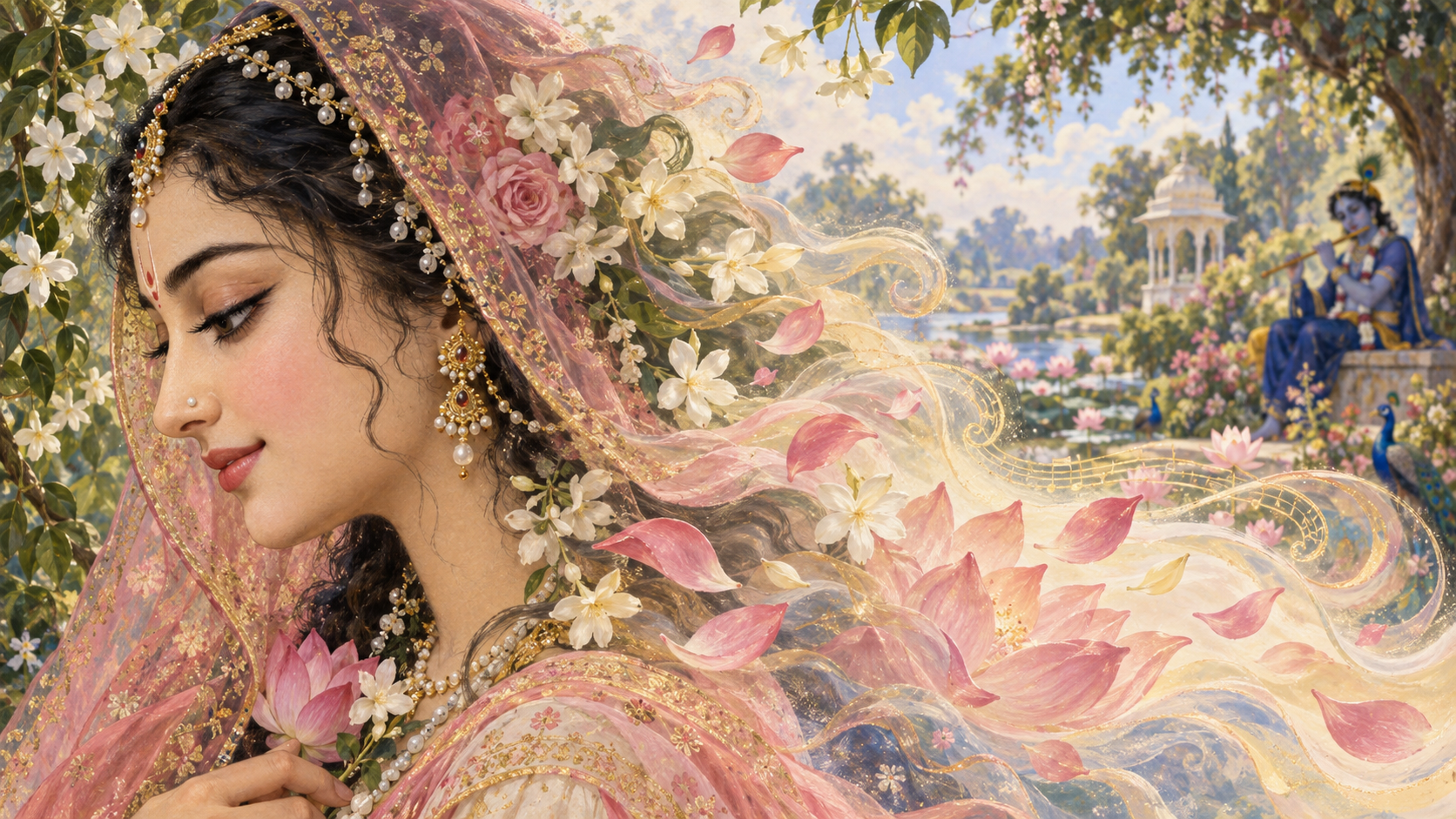 Sri Radha's side profile with a pearl nose ornament blends into jasmine blossoms, lotus petals, and luminous ripples in a garden setting.