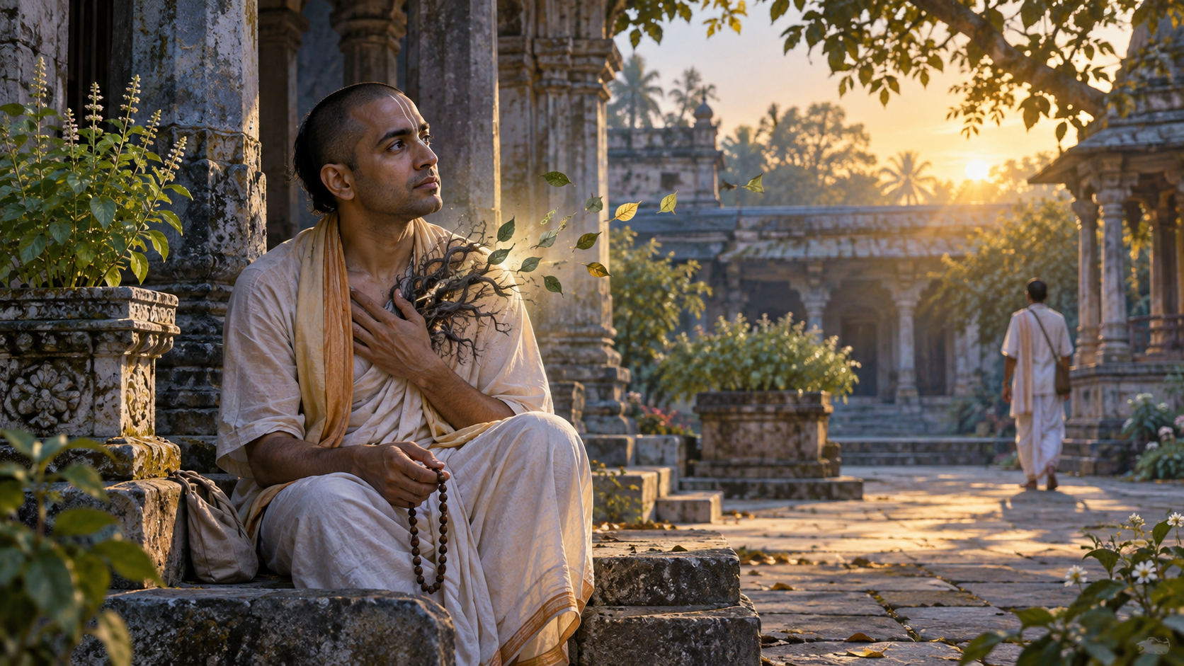 A Vaishnava practitioner with prayer beads sits in a temple courtyard as a dark knotted vine-like shadow loosens into leaves in the morning light, with another devotee standing at a distance.
