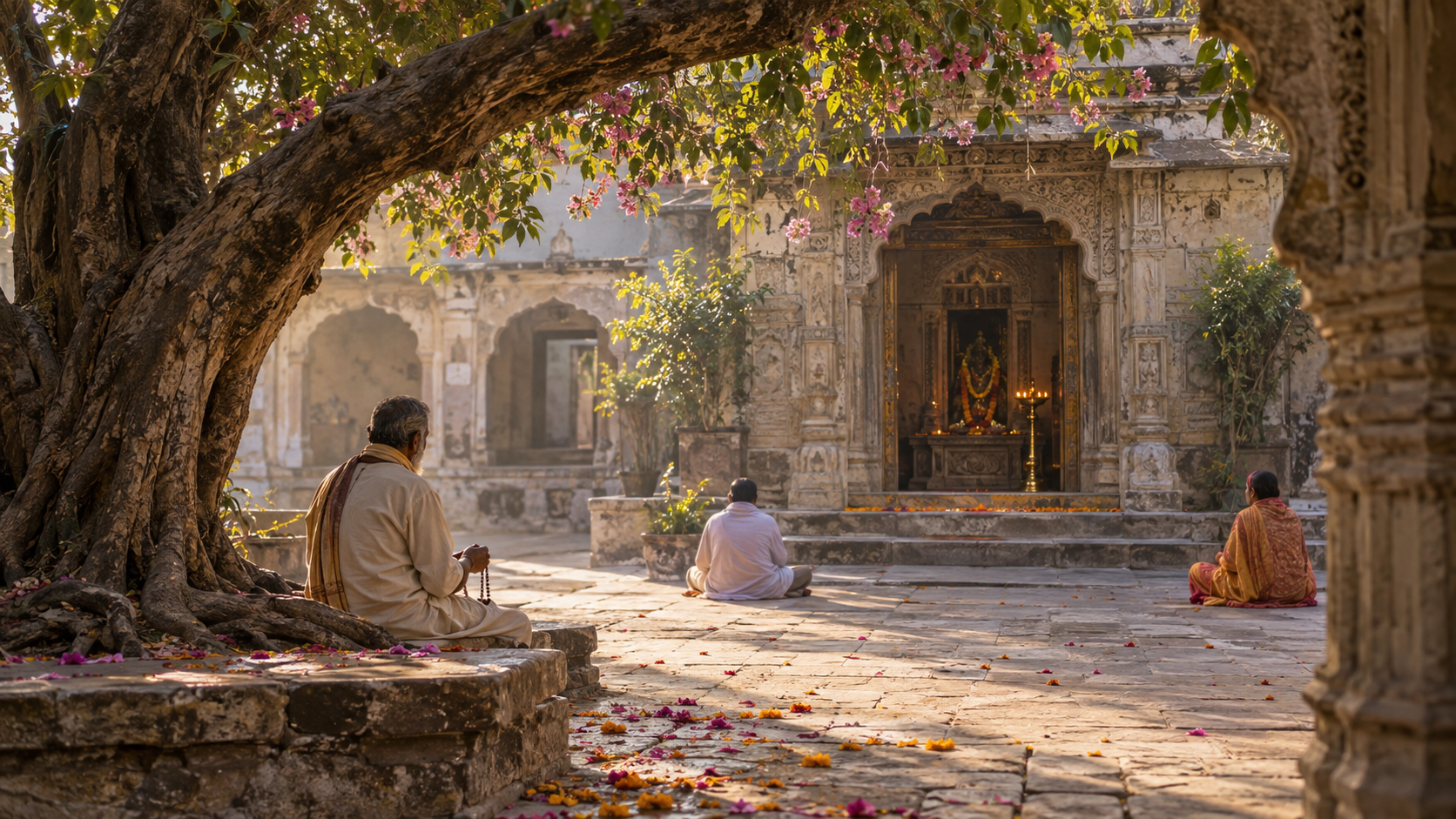 A pilgrim uses wooden prayer beads beneath a flowering tree in a quiet Vrindavan temple courtyard.