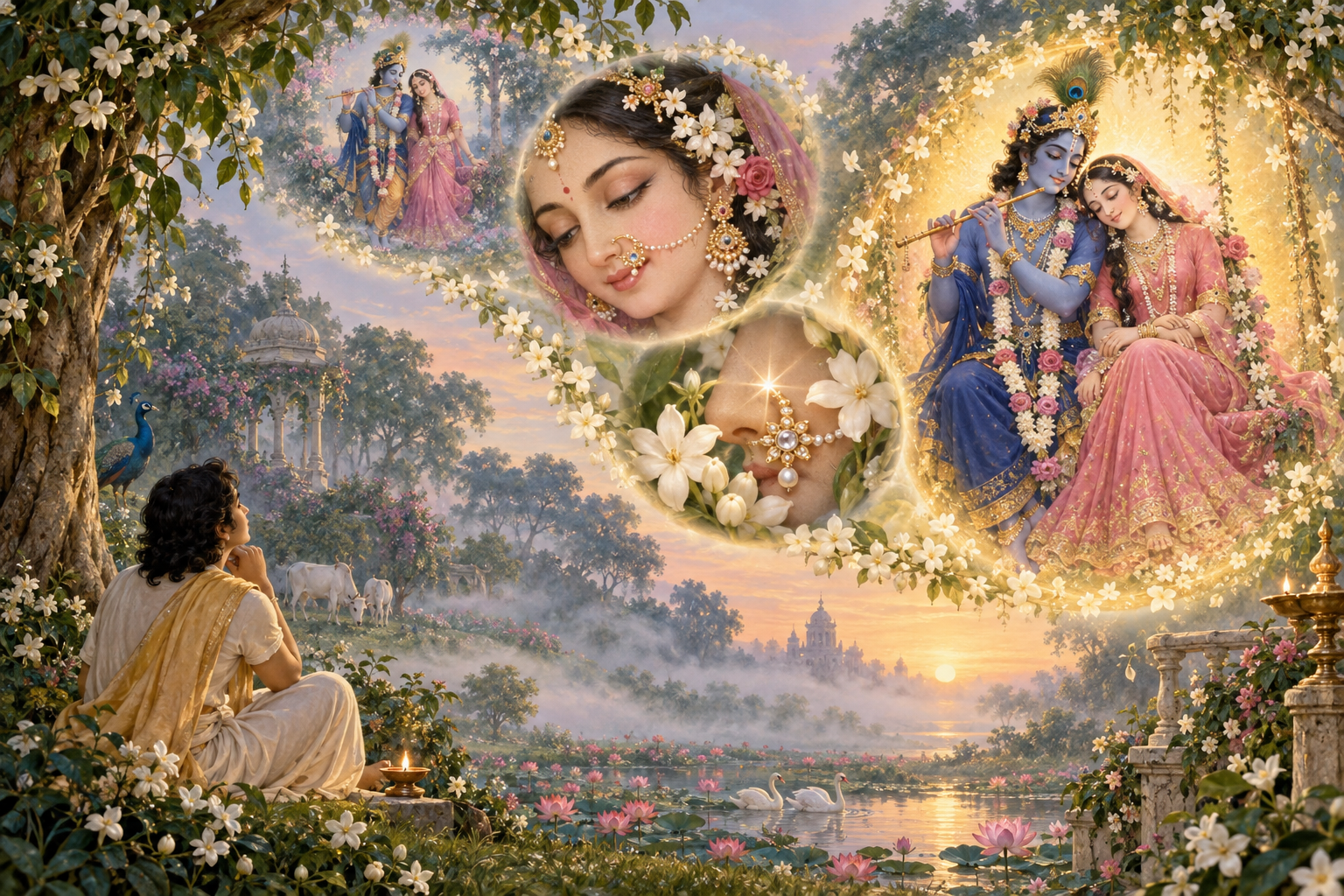 A seated devotee contemplates Sri Radha and Krishna as the scene moves from the divine couple to Radha's face, her nose ornament, and an encompassing golden glow.
