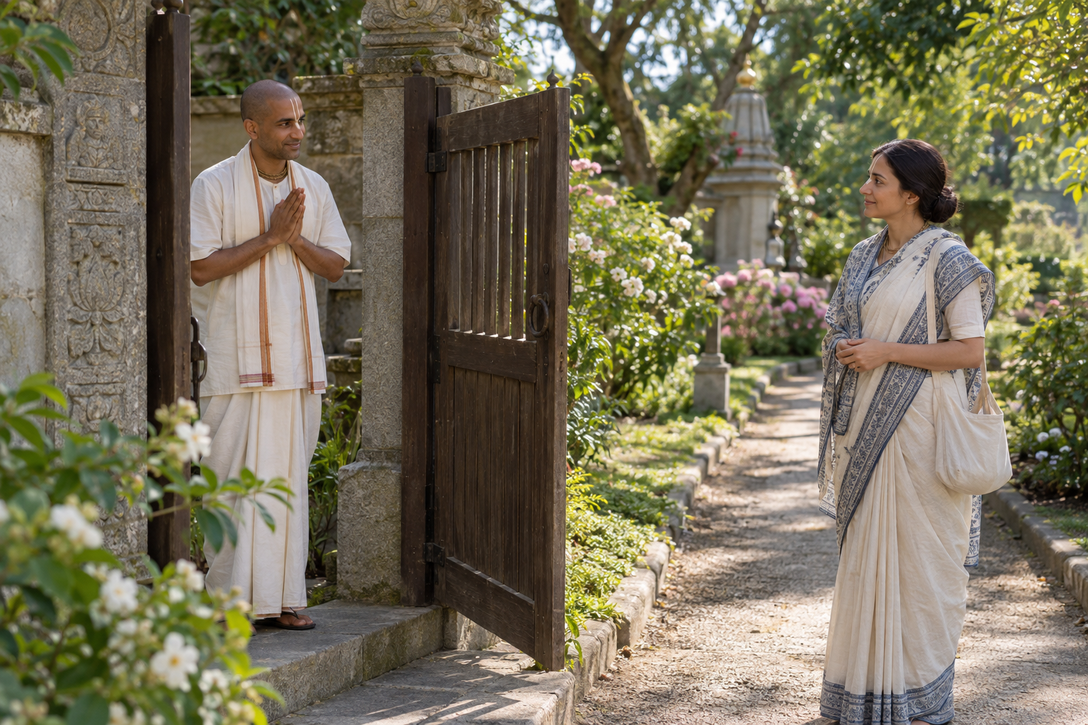 Two Vaishnava practitioners face each other calmly from opposite sides of a partly open garden gate, maintaining respectful physical distance.