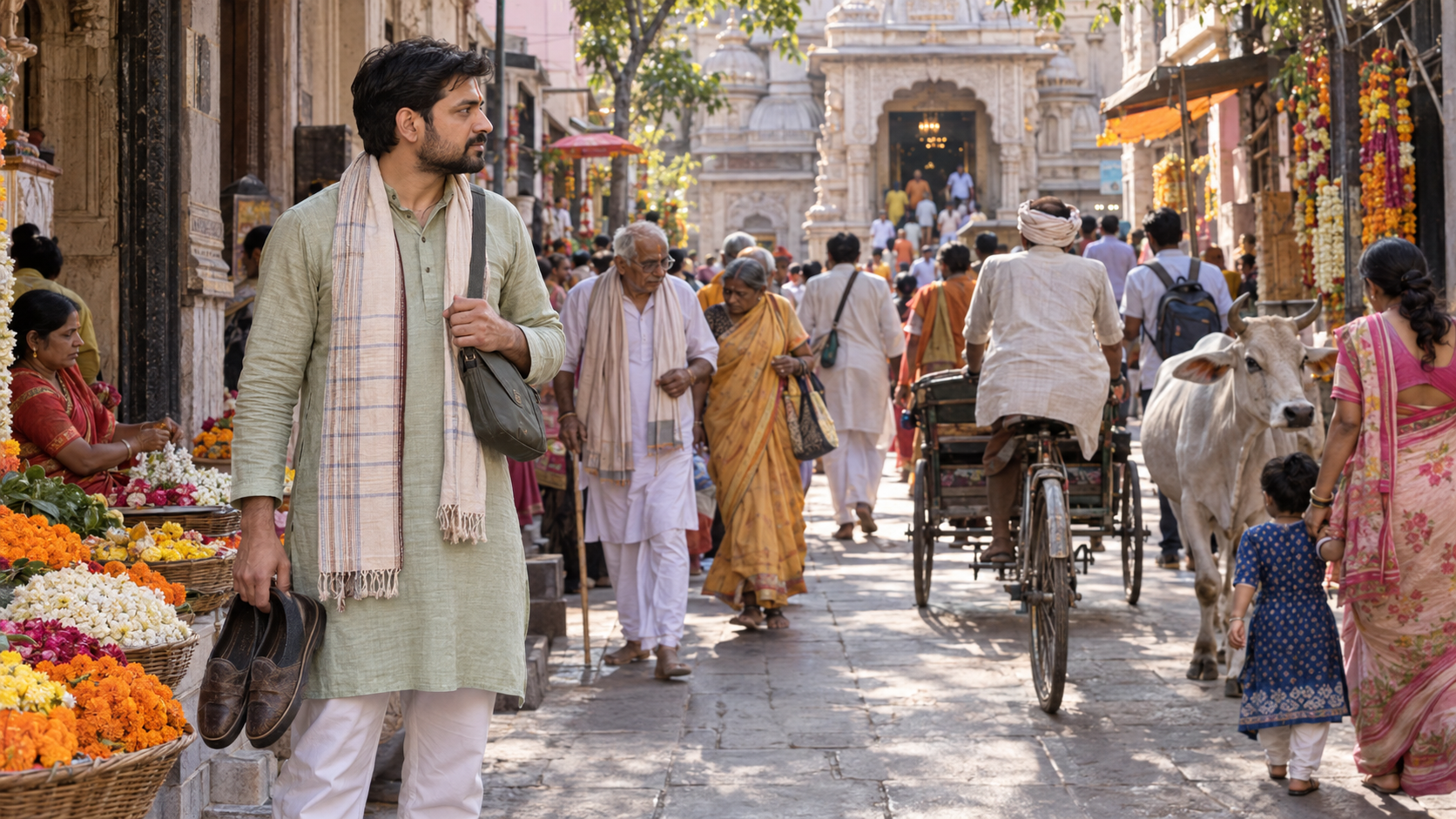 A pilgrim carrying shoes and a secured shoulder bag pauses beside a busy temple lane in Vrindavan.
