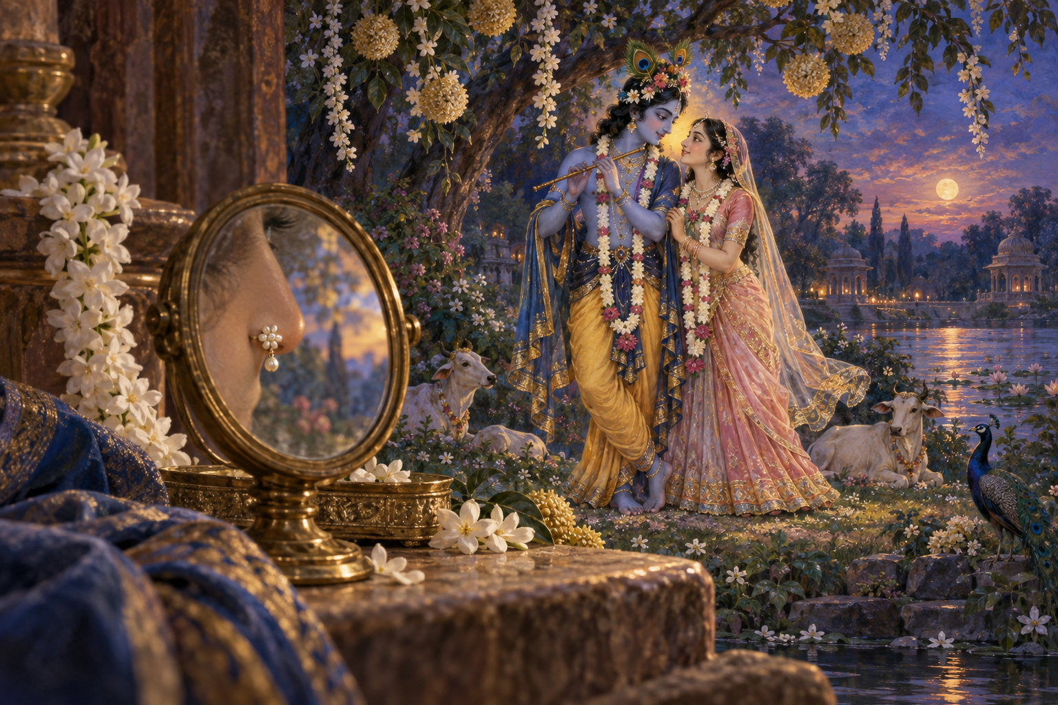 A pearl nose ornament beside a brass mirror that reflects Sri Radha and Sri Krishna standing together in a flowering Vrindavan grove.