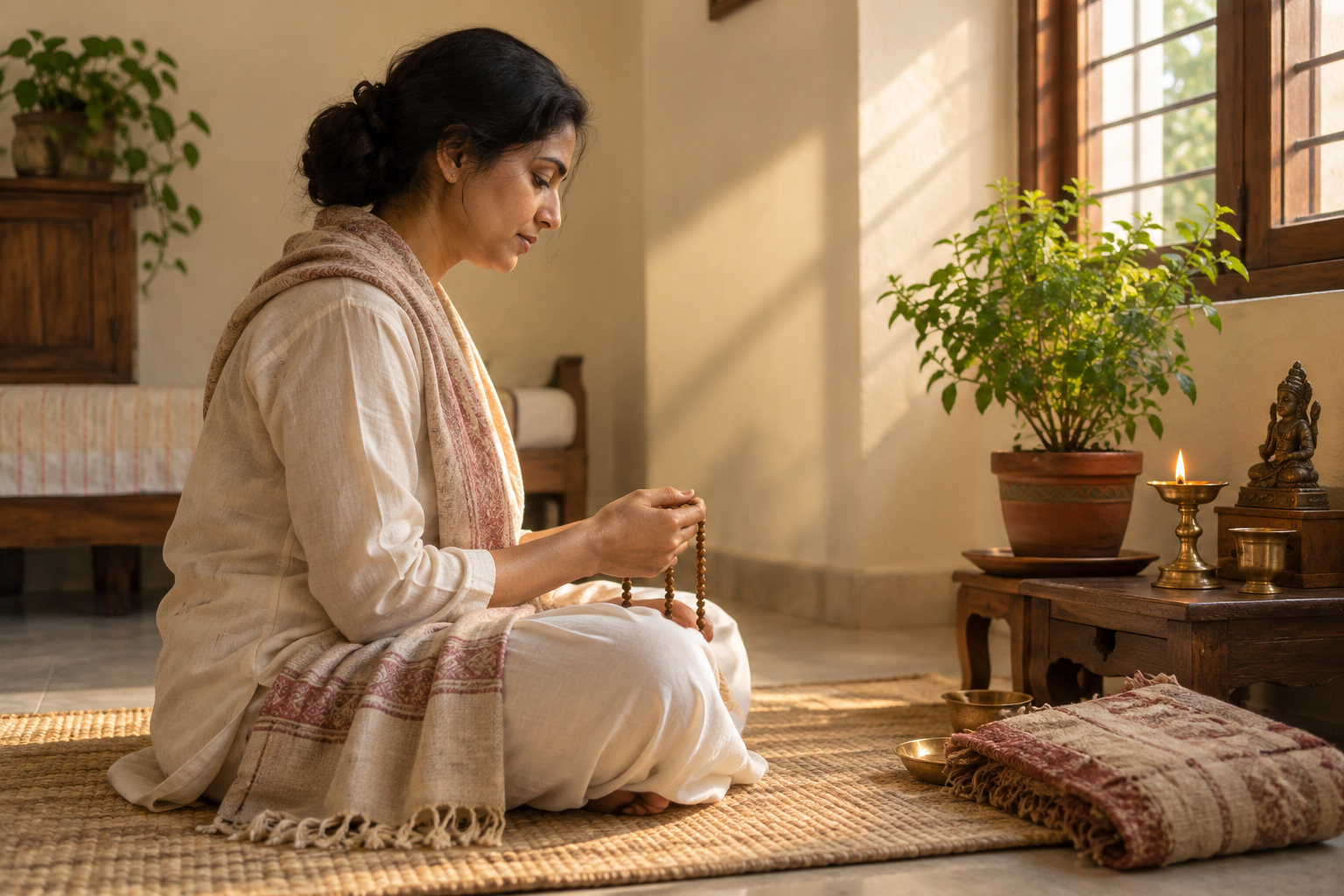 A devotee sits on a woven mat beside prayer beads, a tulsi plant, and a brass lamp during a quiet dawn practice at home.