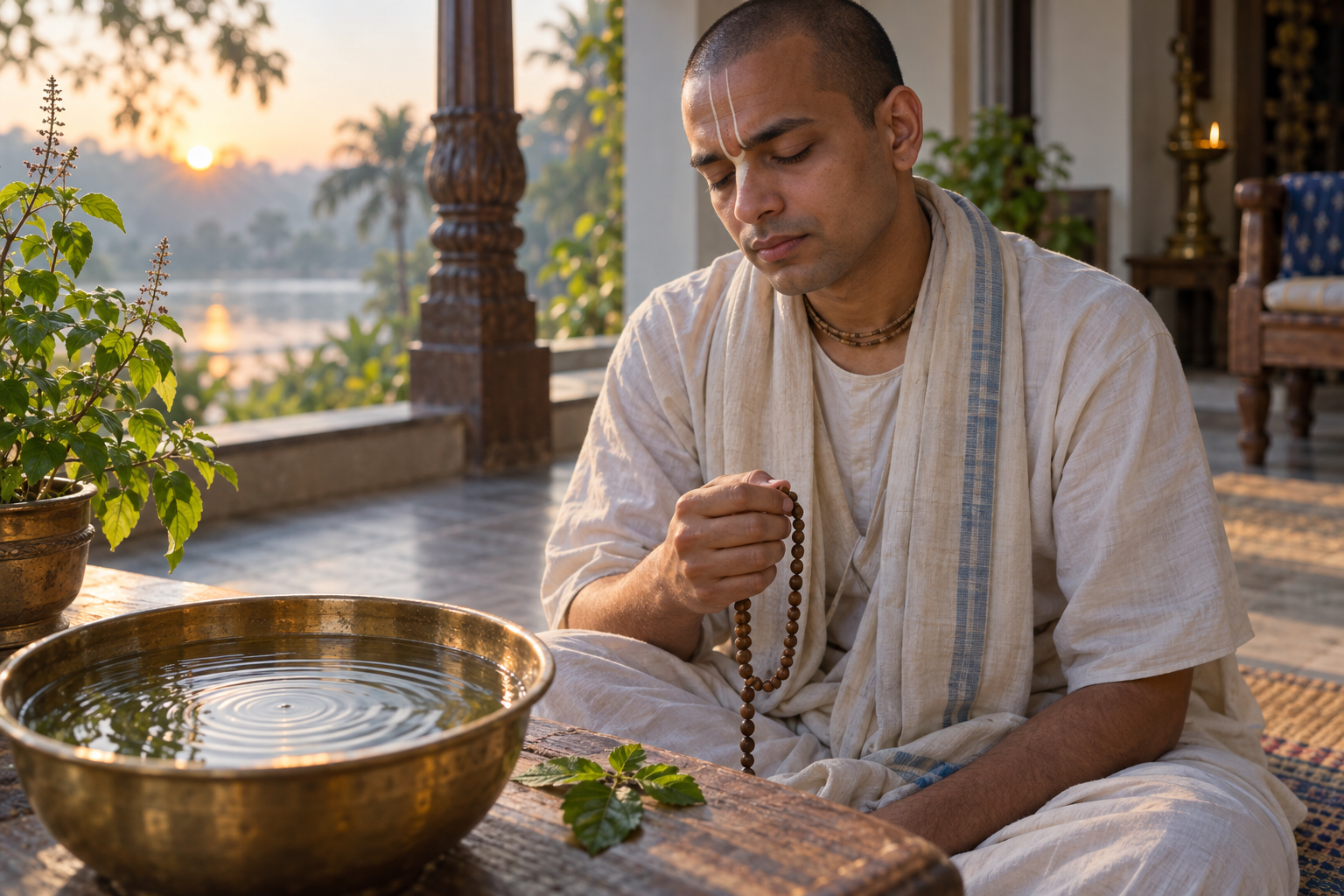 A seated Vaishnava practitioner holds prayer beads beside a brass bowl whose water ripples are settling in the morning light.