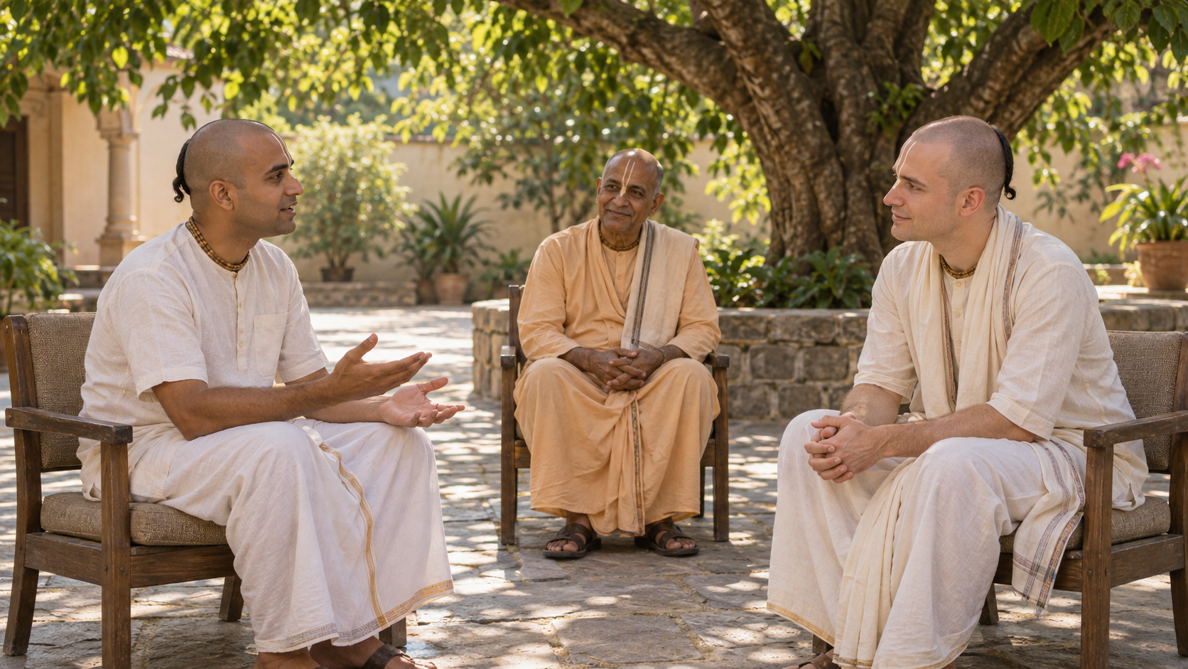 Two Vaishnava practitioners have a calm seated conversation in a shaded courtyard while a third person listens as a neutral facilitator.