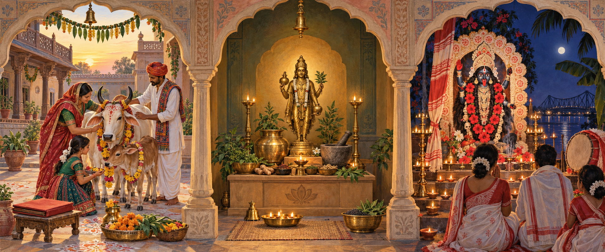 Panoramic illustration of a Gujarati cow-and-calf observance, a Dhanvantari altar, and a Bengali Kali Puja arranged in three distinct lamp-lit spaces.