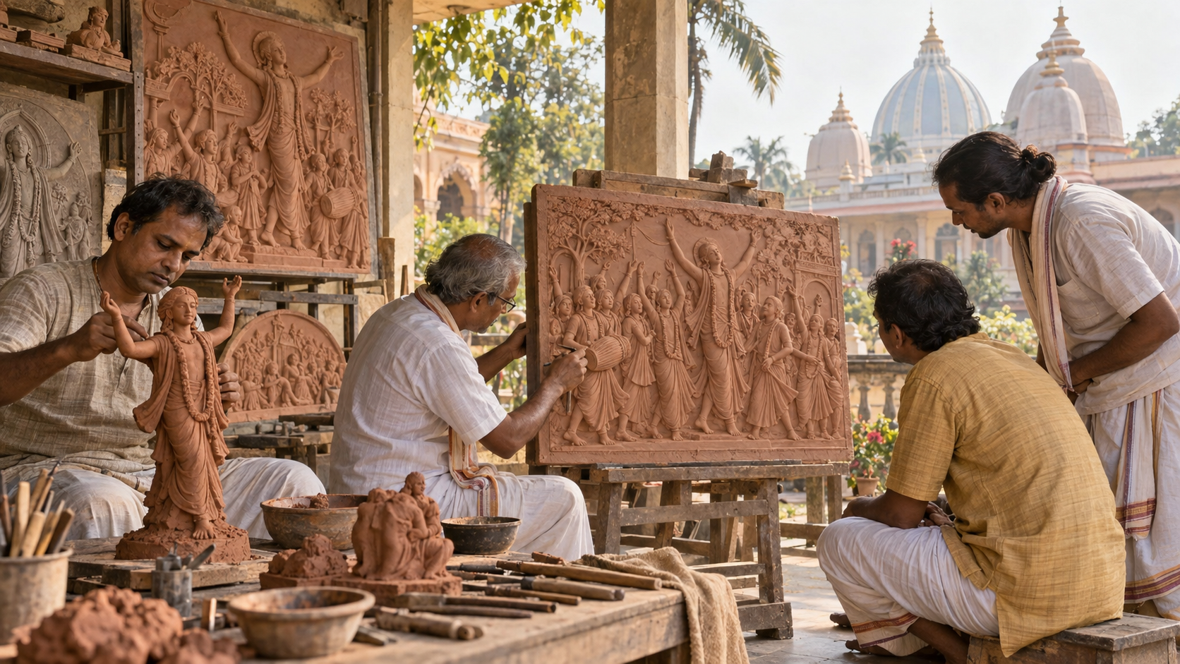 Four artisans model and inspect sacred narrative bas-reliefs in a naturally lit workshop beside a temple courtyard in Mayapur.