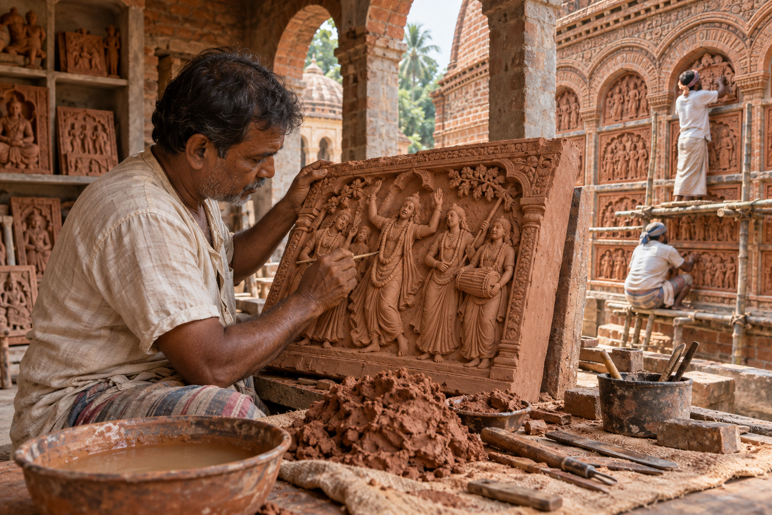 An artisan shapes a devotional clay relief while finished terracotta panels are installed in arched temple architecture behind him.