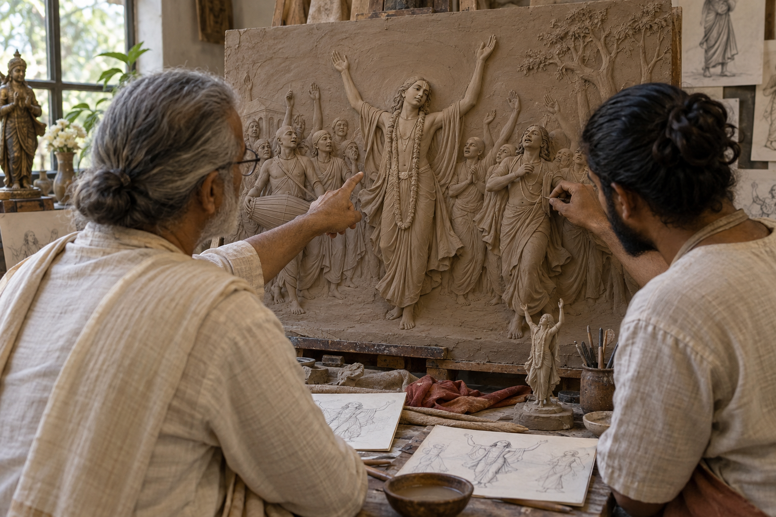 Artisans consult sketches and a clay maquette while correcting the figures and sacred attributes in an unfinished narrative relief.
