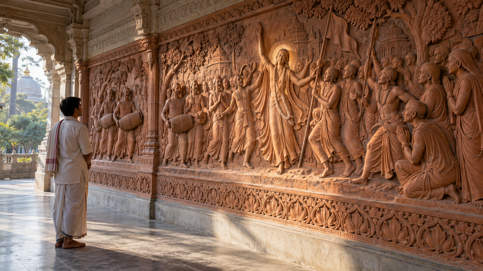 A visitor studies a terracotta relief of a devotional procession as side lighting reveals its layered figures, gestures and carved borders.
