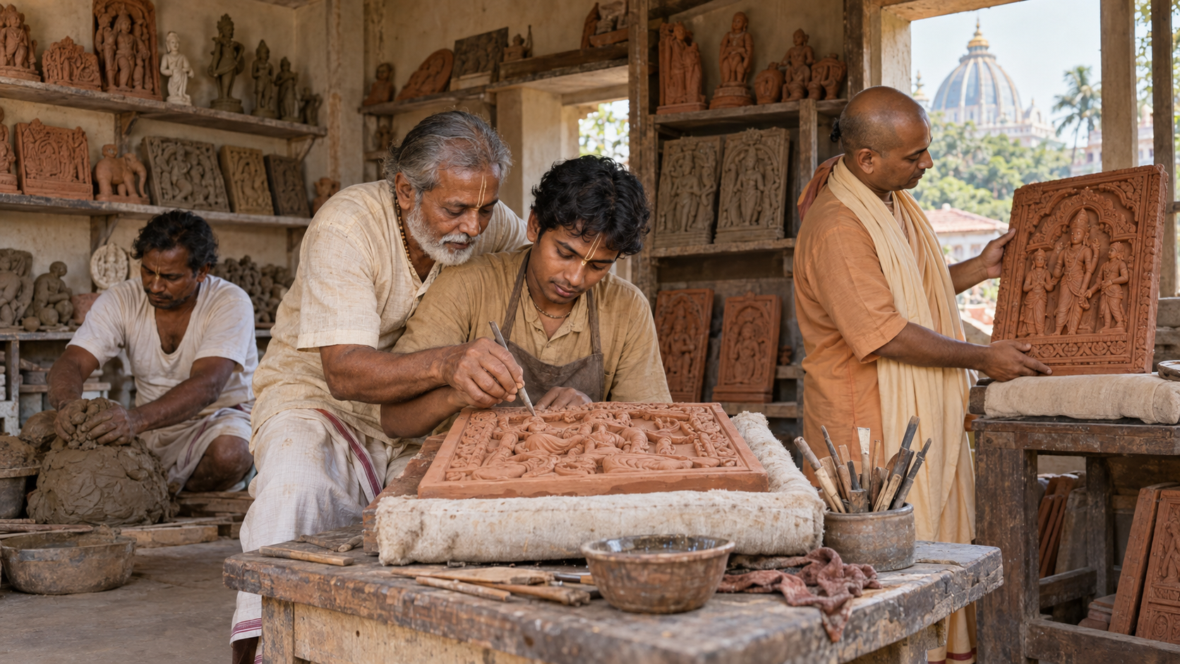 A senior terracotta artisan teaches an apprentice while other participants prepare clay and examine a completed sacred relief.