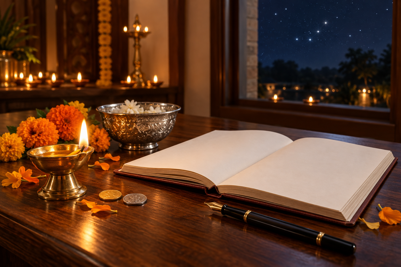 A lit brass diya beside gold and silver coins, a blank account ledger, marigold flowers, and a silver puja bowl against a softly illuminated Diwali setting.
